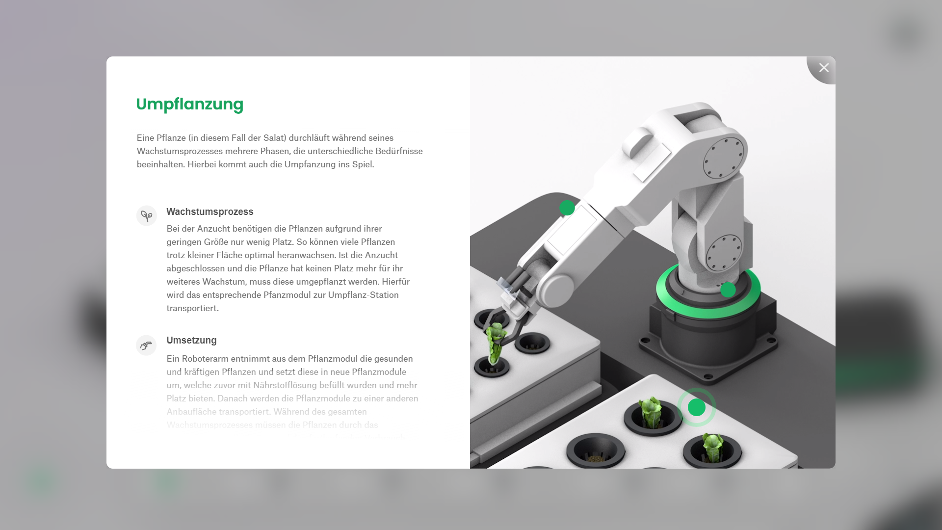 Das Interface zeigt kontextbezogene Popups innerhalb der Vertical-Farm-Visualisierung, vergrößert einzelne Prozesse und ergänzt sie durch strukturierte Informationen mit Icons, um komplexe Abläufe verständlich und fokussiert zu vermitteln.