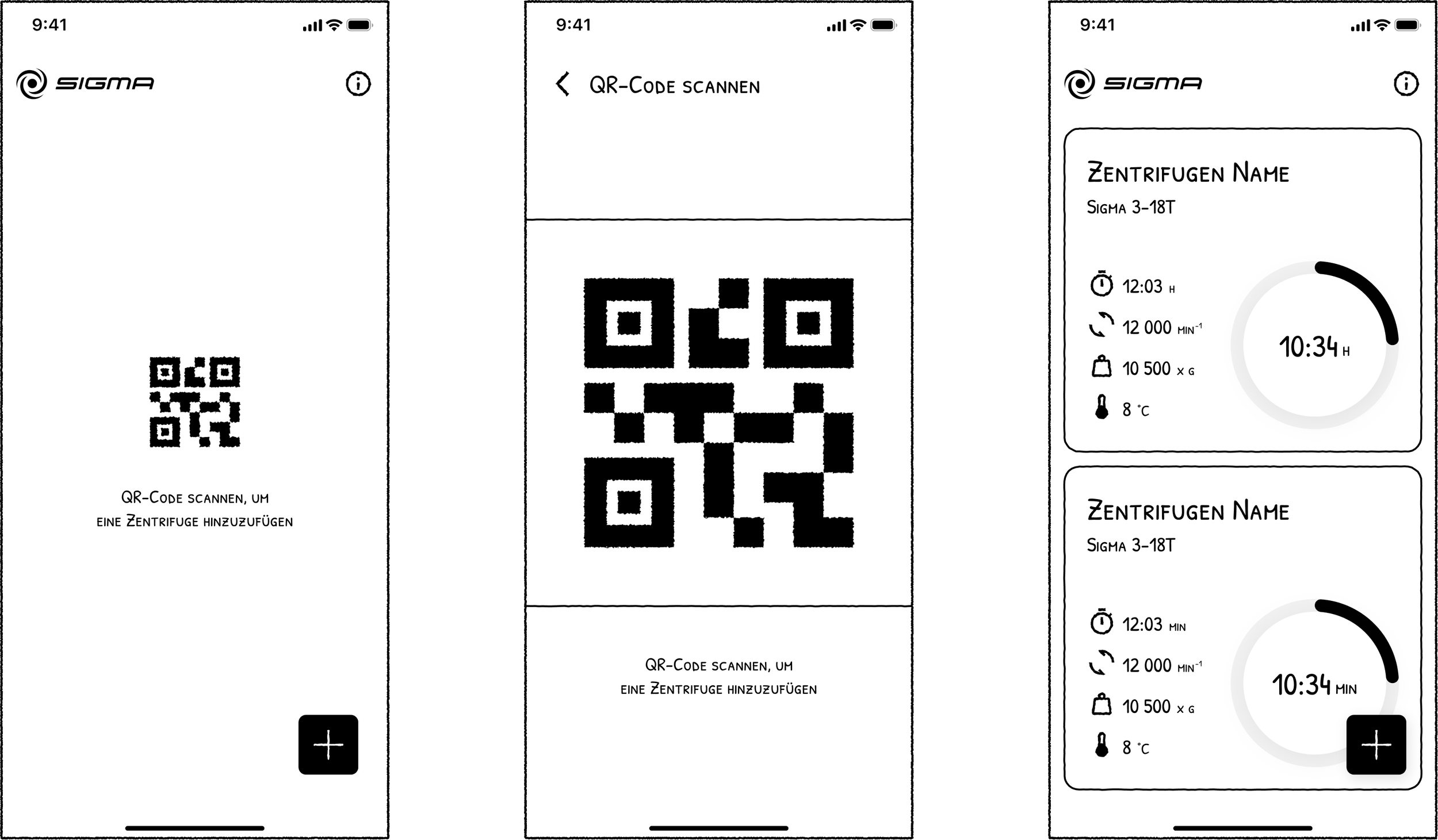 UX/UI Concept der mobilen Zentrifugenüberwachung überführt Anforderungen und Wireframes in ein App-Konzept mit intuitiver Struktur, schneller Registrierung und klarer Übersicht aller Zentrifugen für sichere und effiziente Nutzung