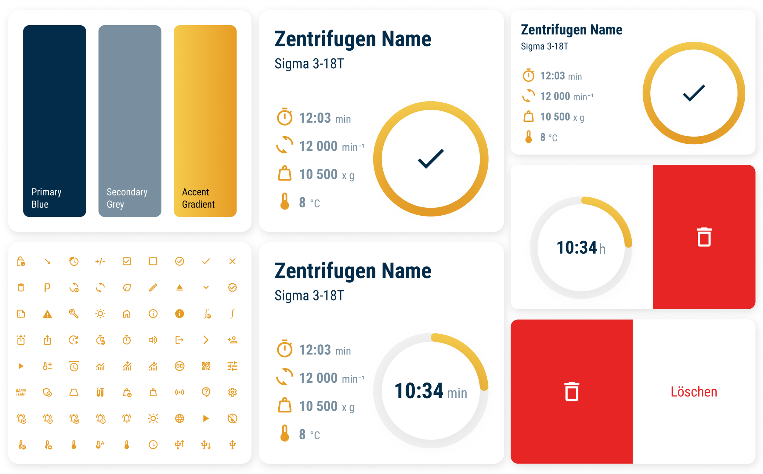 Visual Design der mobilen Zentrifugenüberwachung als Lightmode-Variante basierend auf dem Embedded Design. Fokus auf Übersichtlichkeit, Lesbarkeit und konsistente Markenästhetik für eine sichere und effiziente App-Nutzung