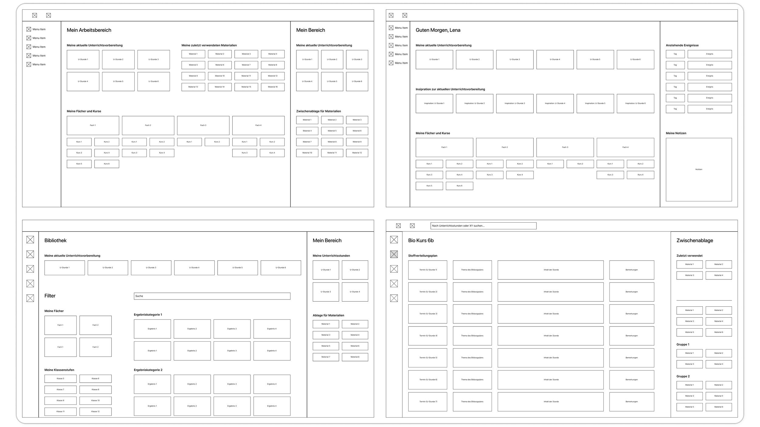 Um ein flexibles Rastersystem zu schaffen, das klare Abgrenzung und eine kohärente Nutzererfahrung ermöglicht, wurde das Wireframing ausgehend von den Bereichen Home, Arbeitsplatz und Bibliothek entwickelt.