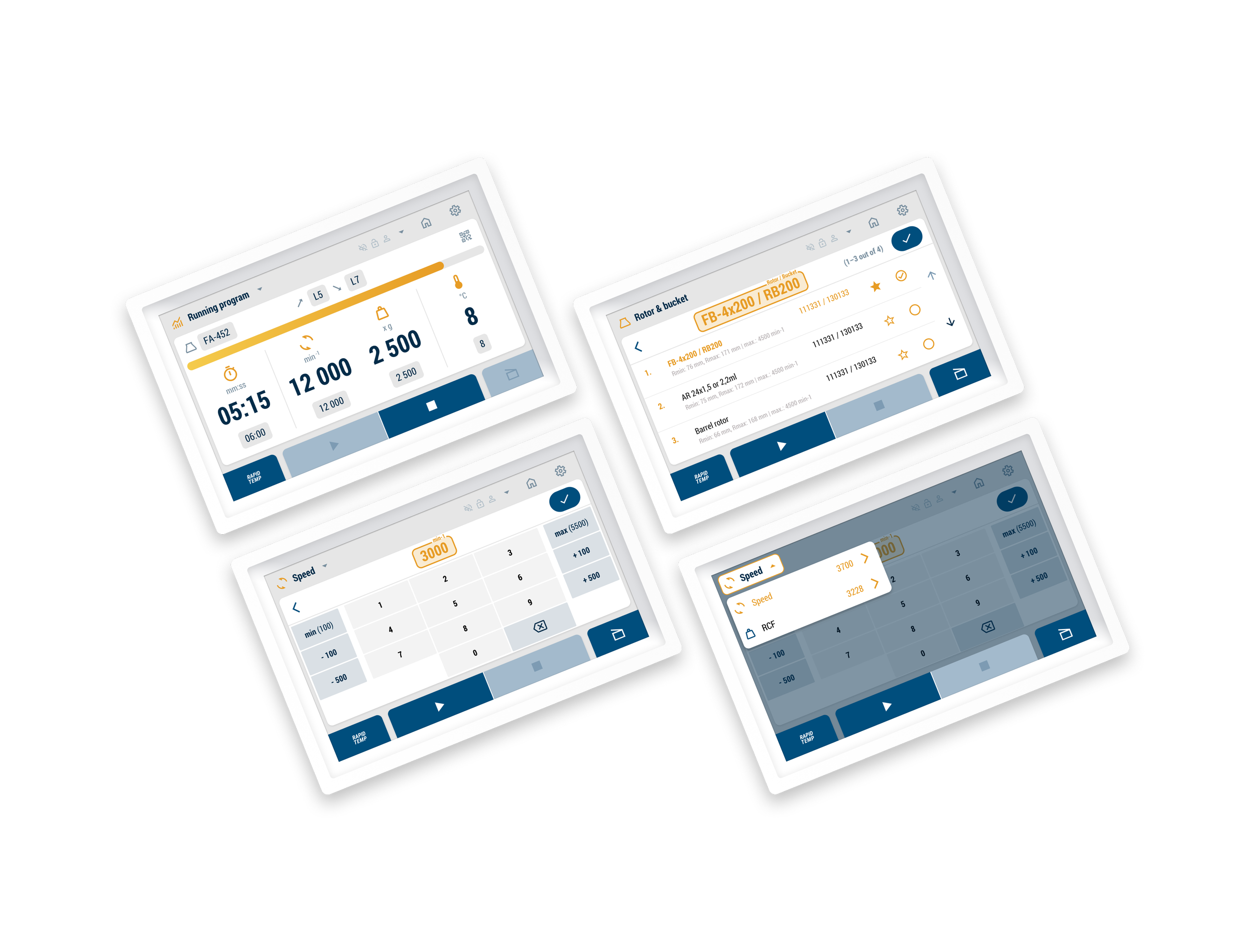 Mockups der Embedded Zentrifugensteuerung für medizinische Labore mit klarer Informationshierarchie, konsistenter Typografie, durchdachter Farbgestaltung und nutzerzentrierter Bedienführung für sichere und effiziente Laborprozesse