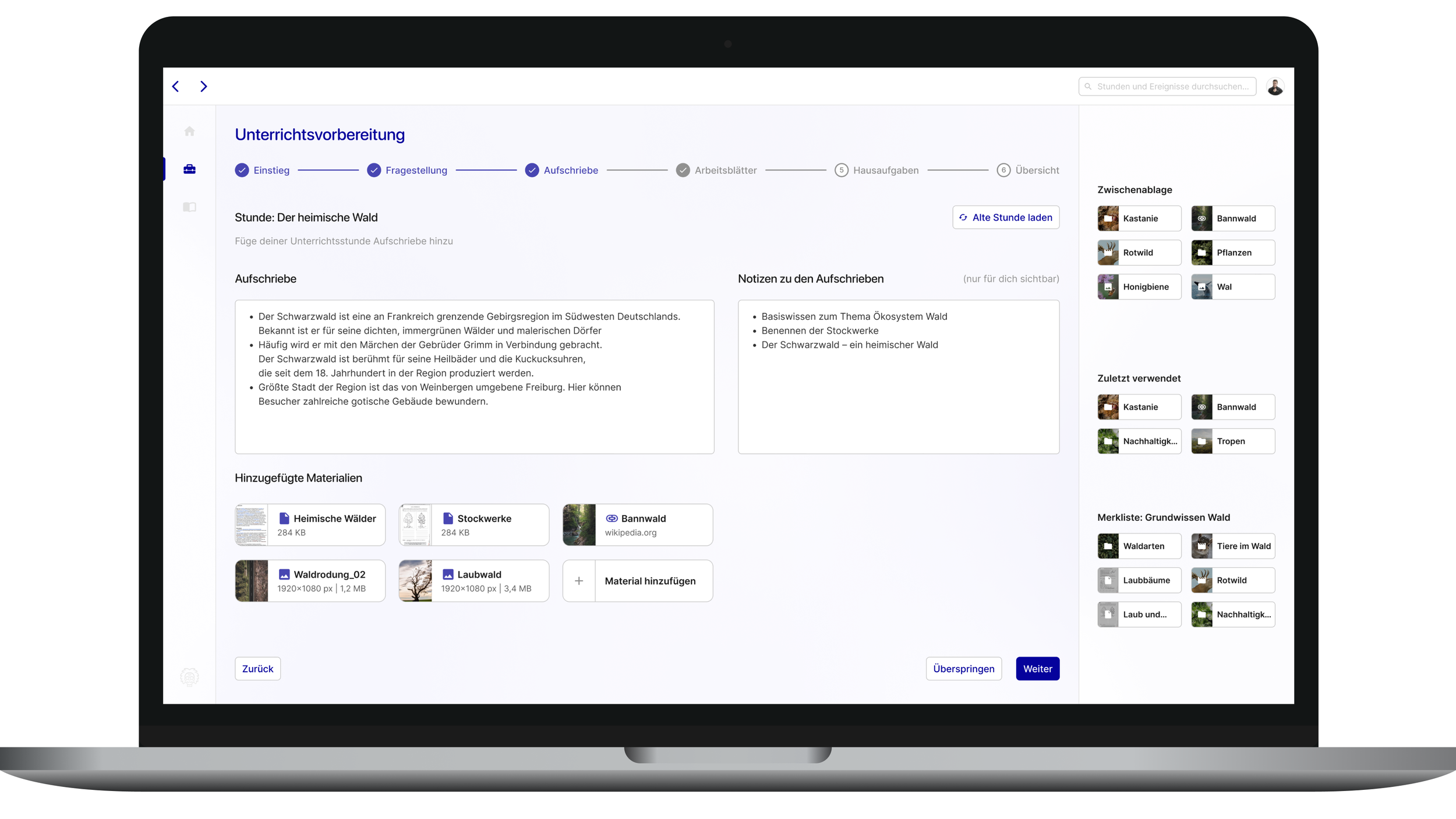 Der Arbeitsbereich soll die aktive Unterrichtsvorbereitung bündeln und eine klare Übersicht über Kurse, Stoffverteilungspläne und Unterrichtsstunden ermöglichen, um Materialien effizient zu planen und Stunden strukturiert vorzubereiten.