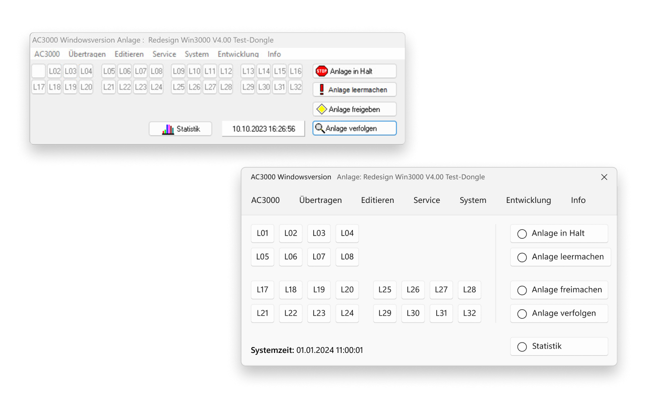 Vergleich des bisherigen und neuen Dashboards für eine industrielle Rohrpoststeuerung mit verbesserter Übersicht, größeren Bedienelementen und Progressive Disclosure für schnellere Bedienung und reduzierte Bedienfehler