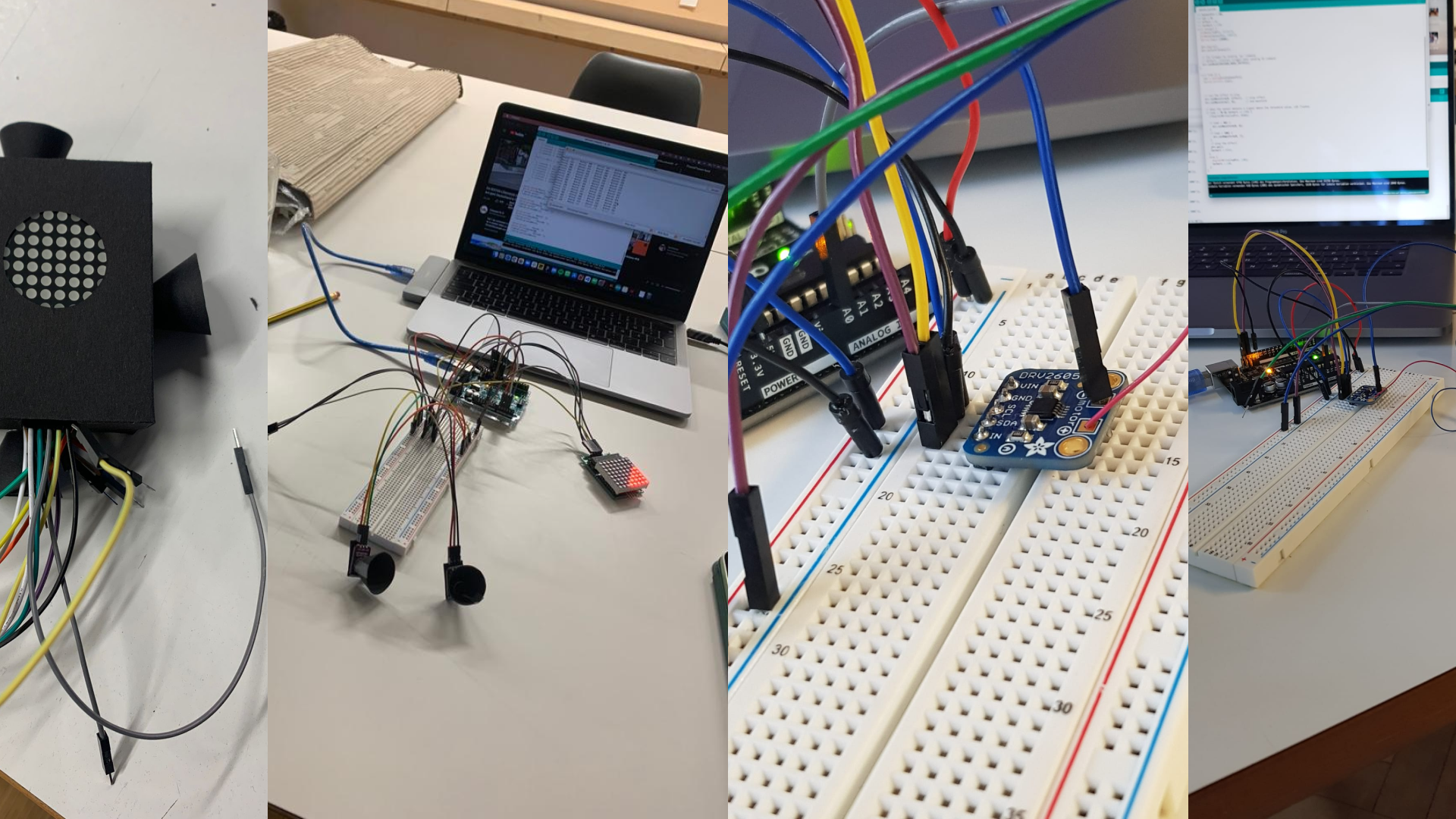 Der Funktionsprototyp verarbeitet Audiosignale über vier Mikrofone, analysiert Richtung und Distanz im Arduino und steuert daraus LED-Matrix sowie Vibrationsmotoren zur Echtzeit-Visualisierung und Haptik der Signalquelle.