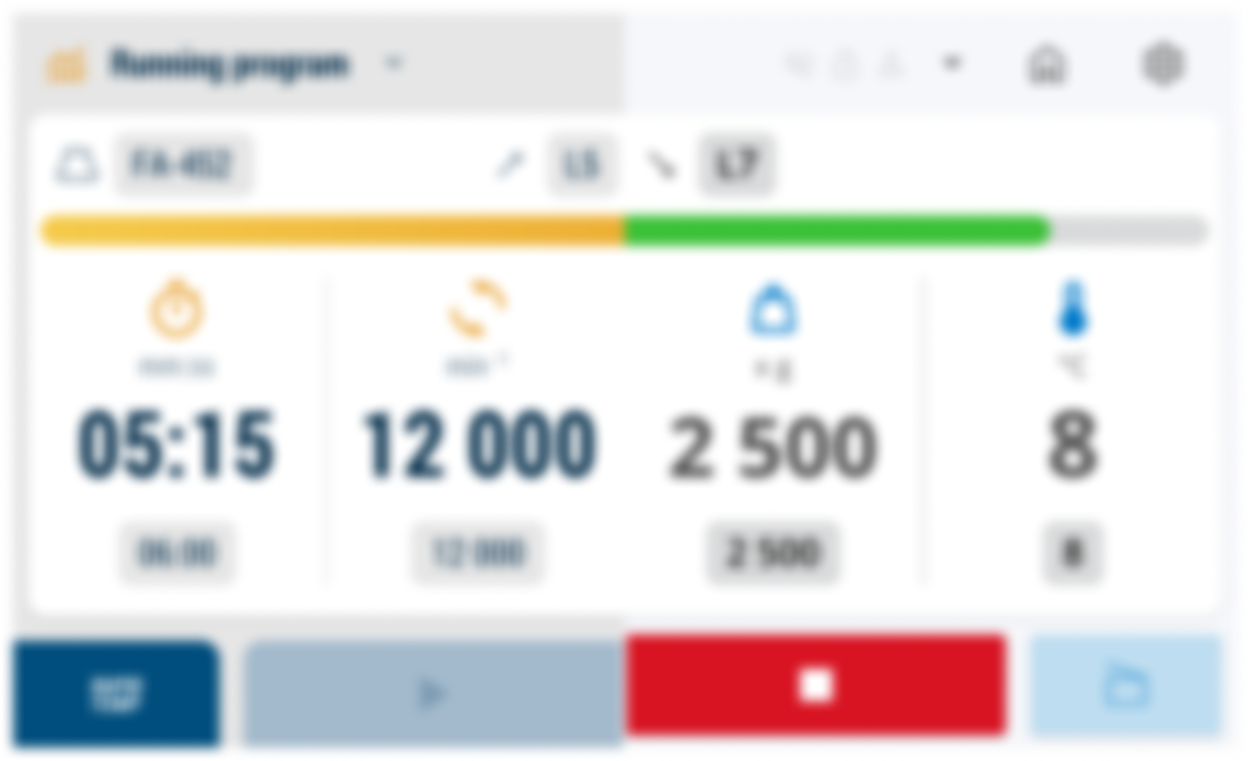 Visual Design der Embedded Zentrifugensteuerung für ein 800×480 px Display mit Theming, hoher Lesbarkeit, klarer Informationshierarchie und farblich optimierter Darstellung für das blaustichige Display, vereint Ästhetik und Accessibility