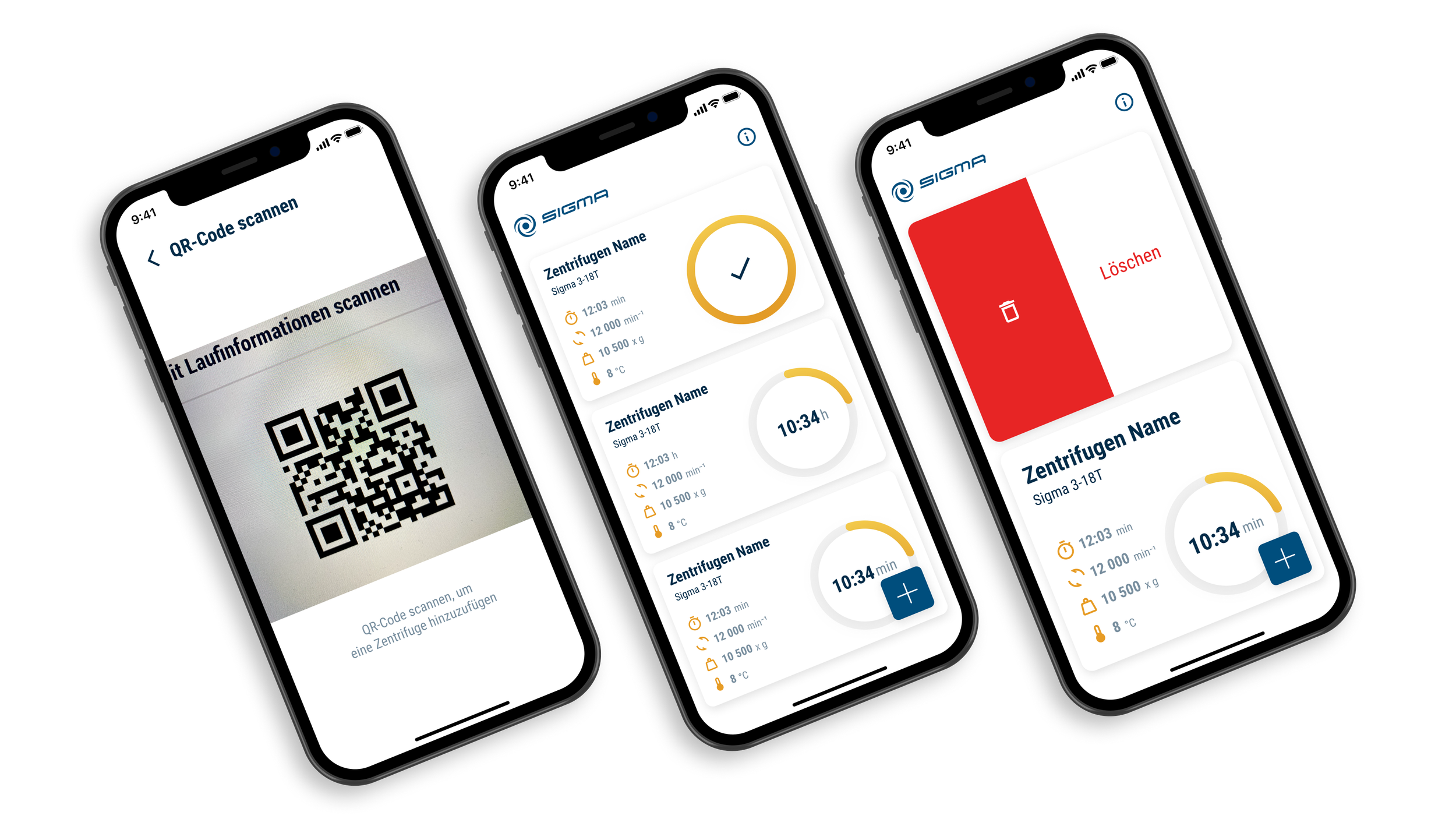 Mockups der mobilen Zentrifugenüberwachung für Labore mit klarer Informationshierarchie, konsistenter Typografie, durchdachter Farbgestaltung und nutzerzentrierter Bedienführung für sichere und effiziente Überwachung von Laborzentrifugen