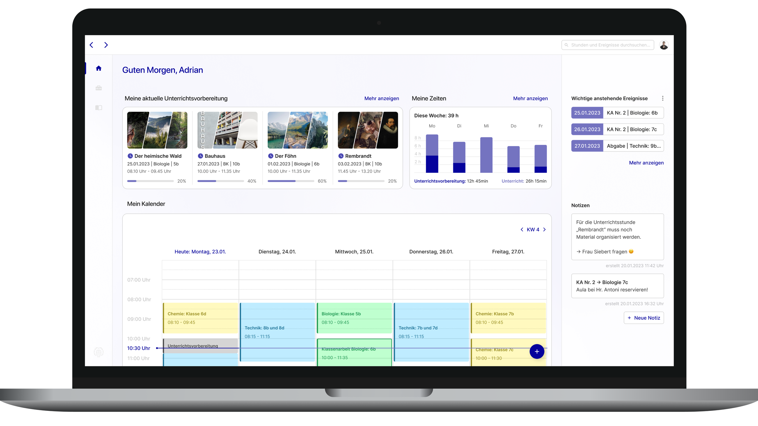 Der Homescreen soll in die Unterrichtsvorbereitung einführen und zentrale Informationen wie Tagesübersicht, Unterrichtsstunden, letzte Bearbeitung und Fortschritt bündeln, um eine strukturierte und nahtlose Weiterarbeit zu ermöglichen.