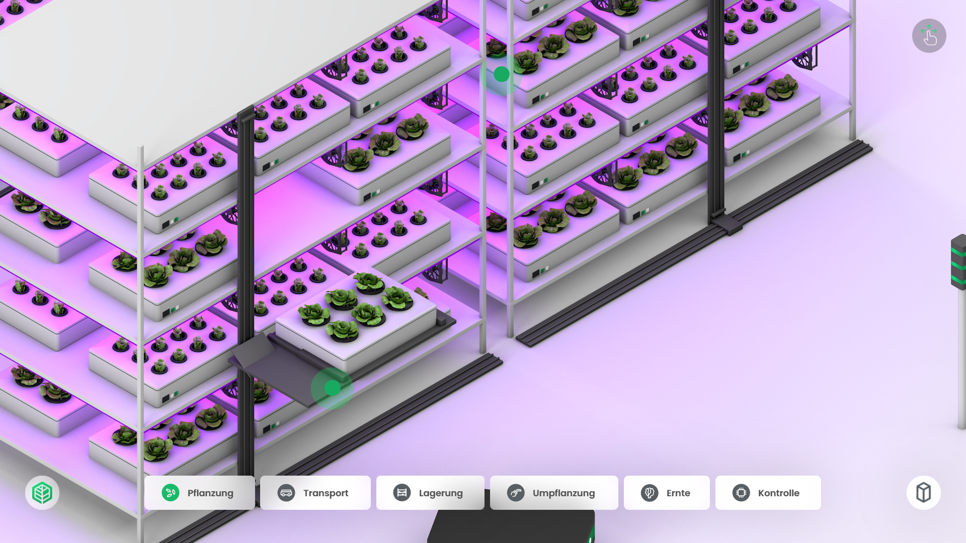Das Interface Design integriert 3D-Animationen in ein UI mit Navigationsleiste und interaktiver Vertical-Farm-Ansicht, ermöglicht freie Exploration und liefert kontextbezogene Informationen zu zentralen Prozessabläufen.