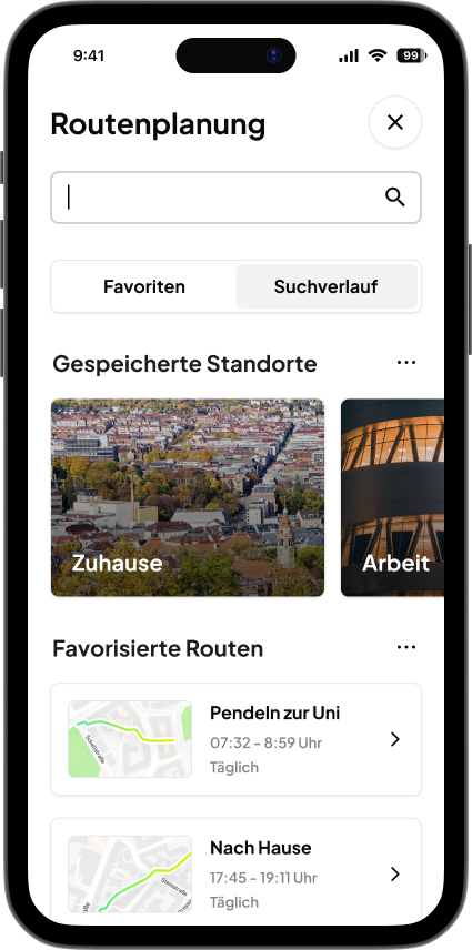 Die Favoritenfunktion beschleunigt die wiederkehrende Routenplanung und reduziert den täglichen Interaktionsaufwand.