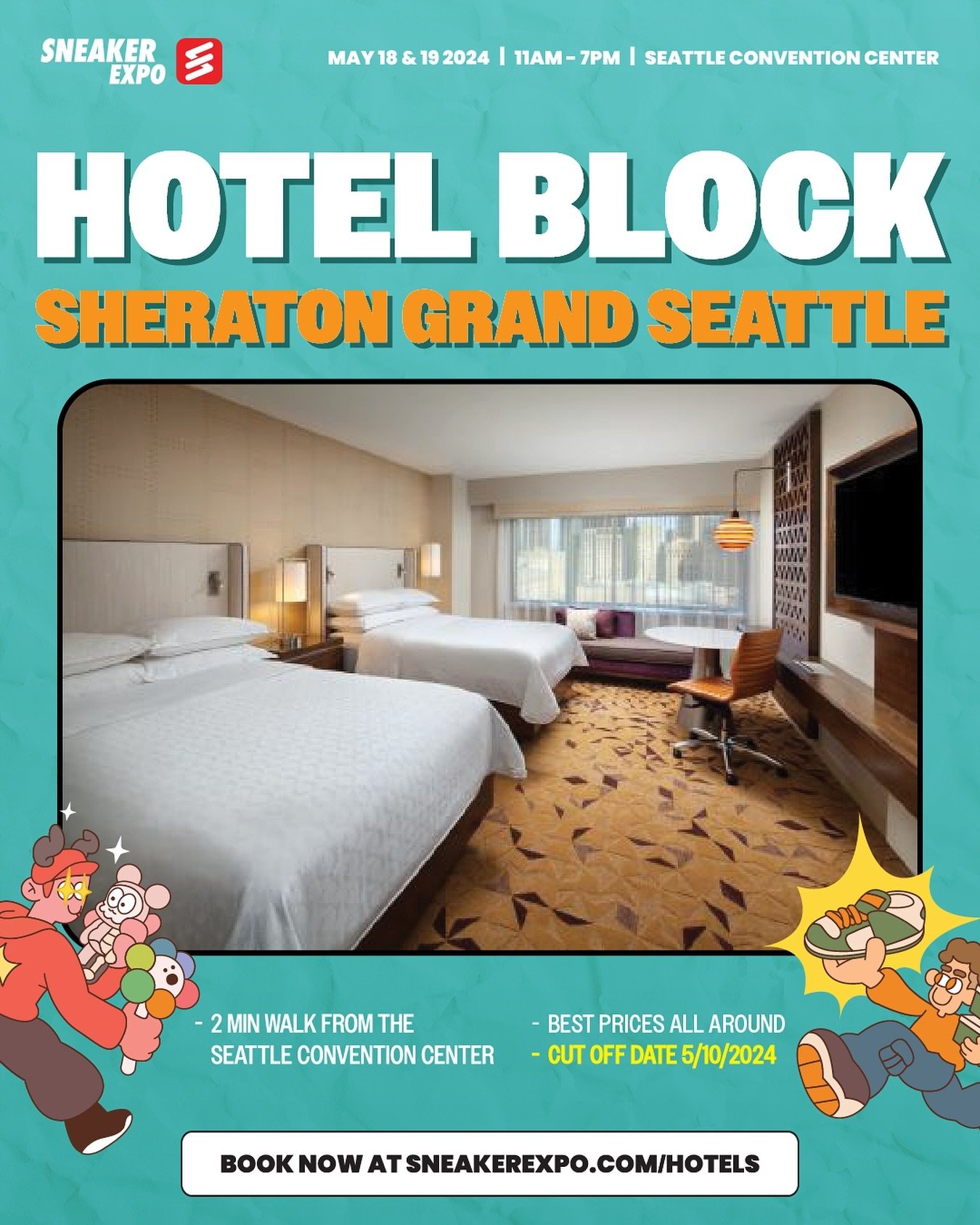 CUT OFF DATE EXTENDED! BOOK YOUR HOTEL‼️ 🏨 

Looking for a place to take off your kicks and rest? 🛏️ 
We are pleased to announce that a hotel block is available for booking!

📍 Sheraton Grand Seattle
2 minute walk from Seattle Convention Center 🚶