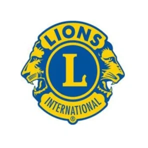 The Lions Club International logo featuring a blue and yellow emblem with two lion heads and the letters 'L' and 'I' in the center.