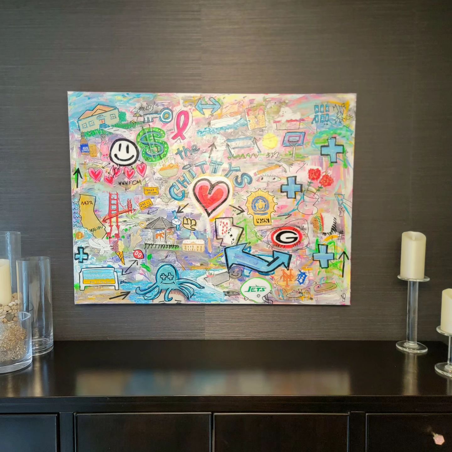 Just installed this 36 x 48 commissioned piece today in such a lovely home.  It was already decorated so well in shades of white and grey.  Now, they also have a huge POP of color.

Let.me.know when you're ready for your own Your Life Commissioned wo