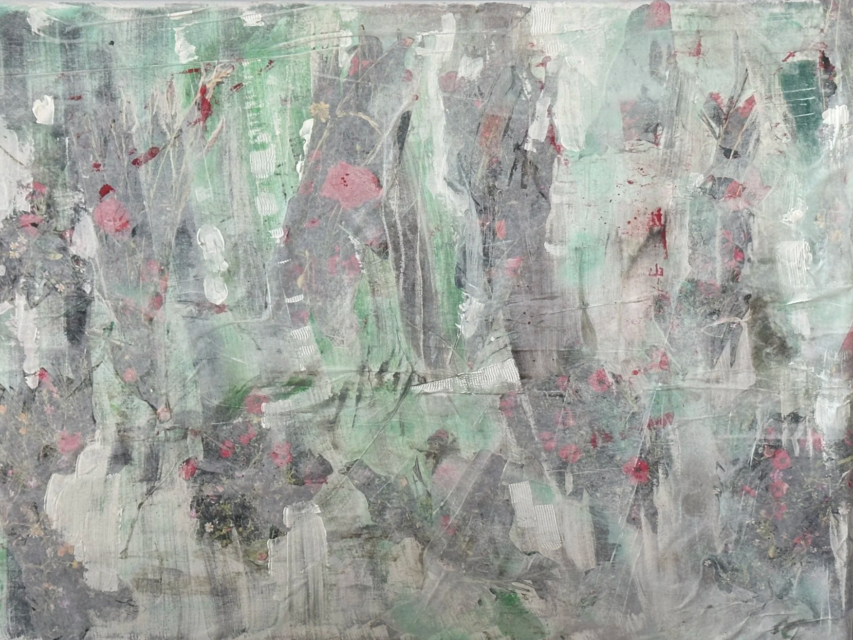 Herbs and Flowers, collage and acrylic on canvas, 2026