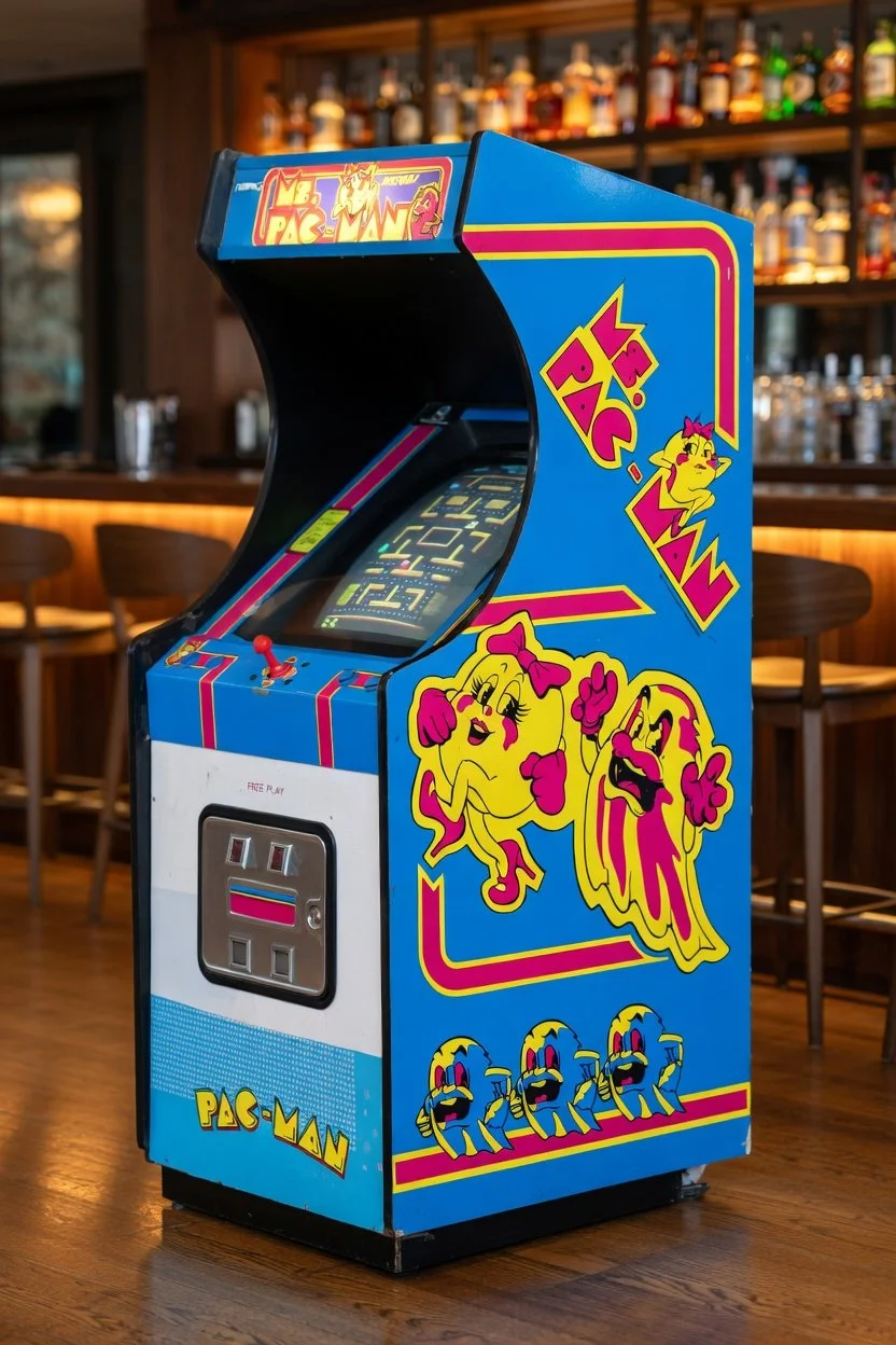 Ms. Pacman arcade game in upmarket bar with top shelf spirits in the background
