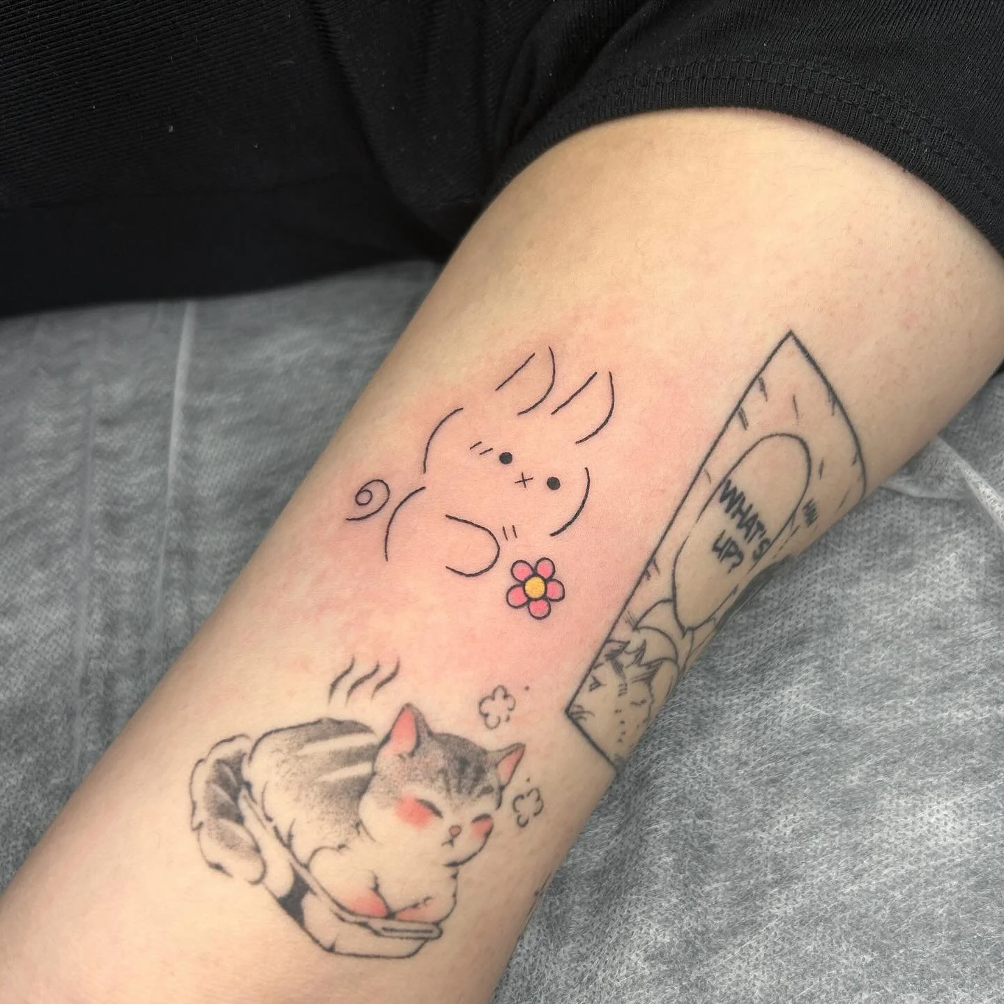 anime ink con day 2. Thank you so much everyone. I&rsquo;m so grateful to have seen familiar faces again 🥺💕 fresh bunny, healed Ponyo from last year, fresh bunny, fresh tooth, fresh barbed wire heart elbow, healed sparkles from last year, another f