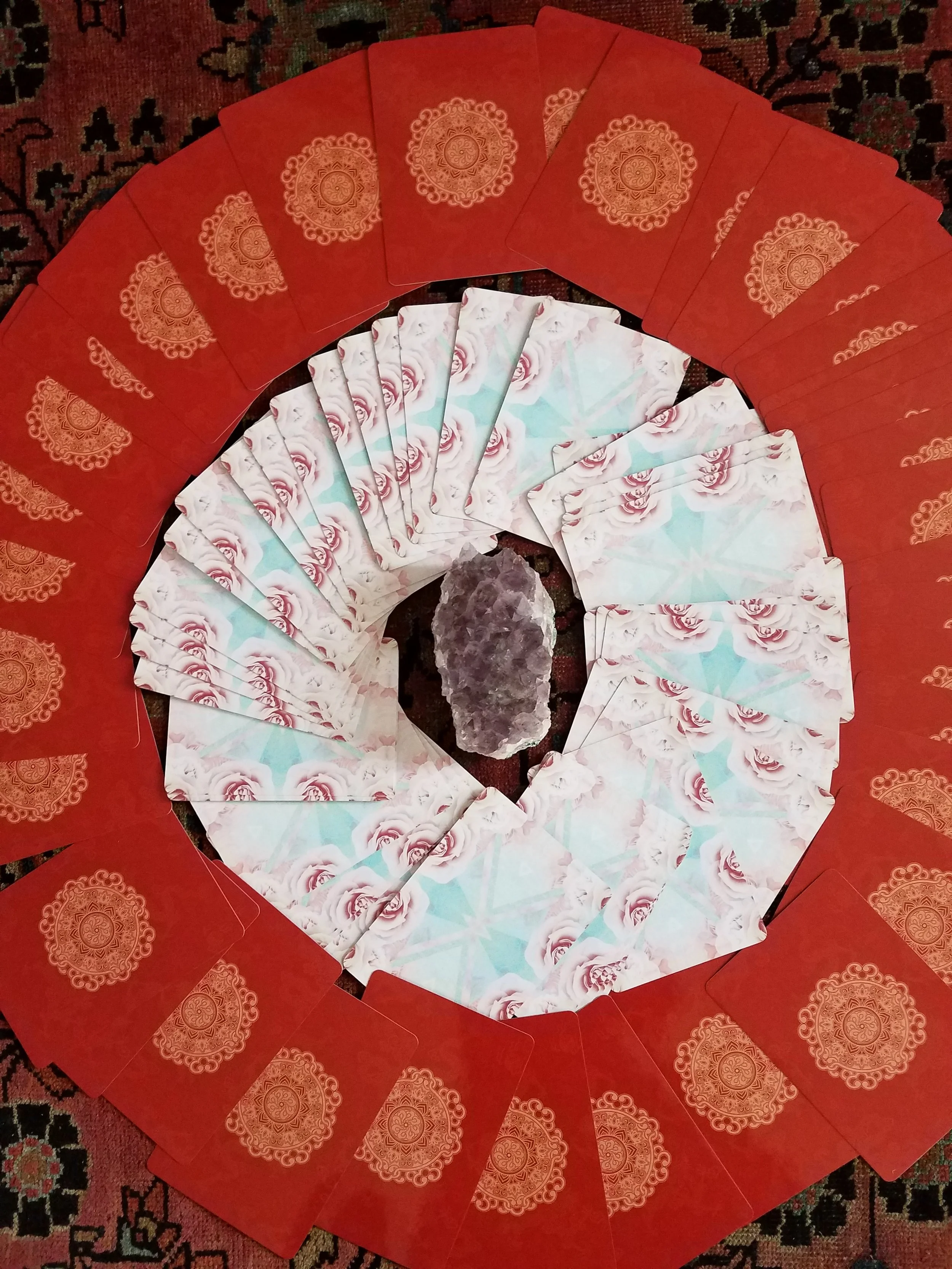 Oracle cards in a circle preparing for asynchronous card reading for brand, business, and life.