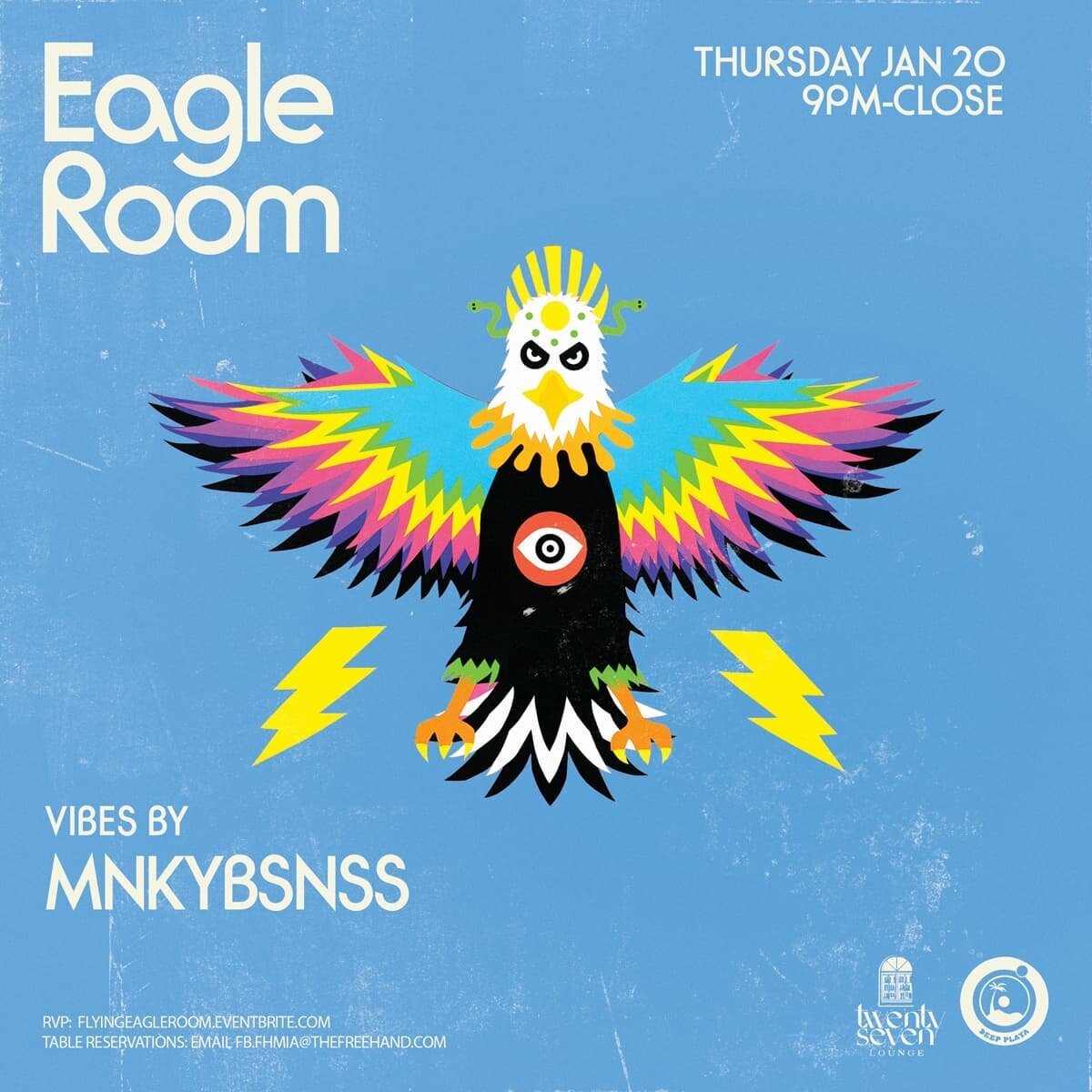 Weekend vibes at @eagleroom_ 💫💃🦅

THU 1.20 ~ @mnkybsnssband 
FRI 1.21 ~ @saqib_music &amp; @thefatescollective 
SAT 1.22 ~ @atomyard &amp; @djtavi777 

#playavibes #eagleroom #flyingeagle #miamibeach