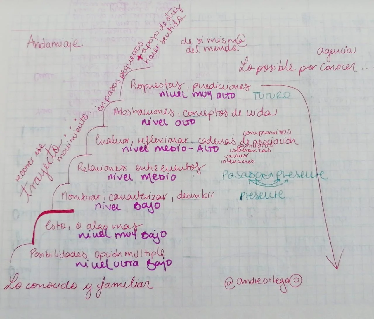 Mapa mental sobre niveles de conocimiento y relaciones, con notas en colores rosa, morado y azul, y texto en español. Incluye conceptos como 'nivel muy alto', 'nivel medio', 'nivel bajo', y palabras clave relacionadas con aprendizaje, comunicación y relaciones.