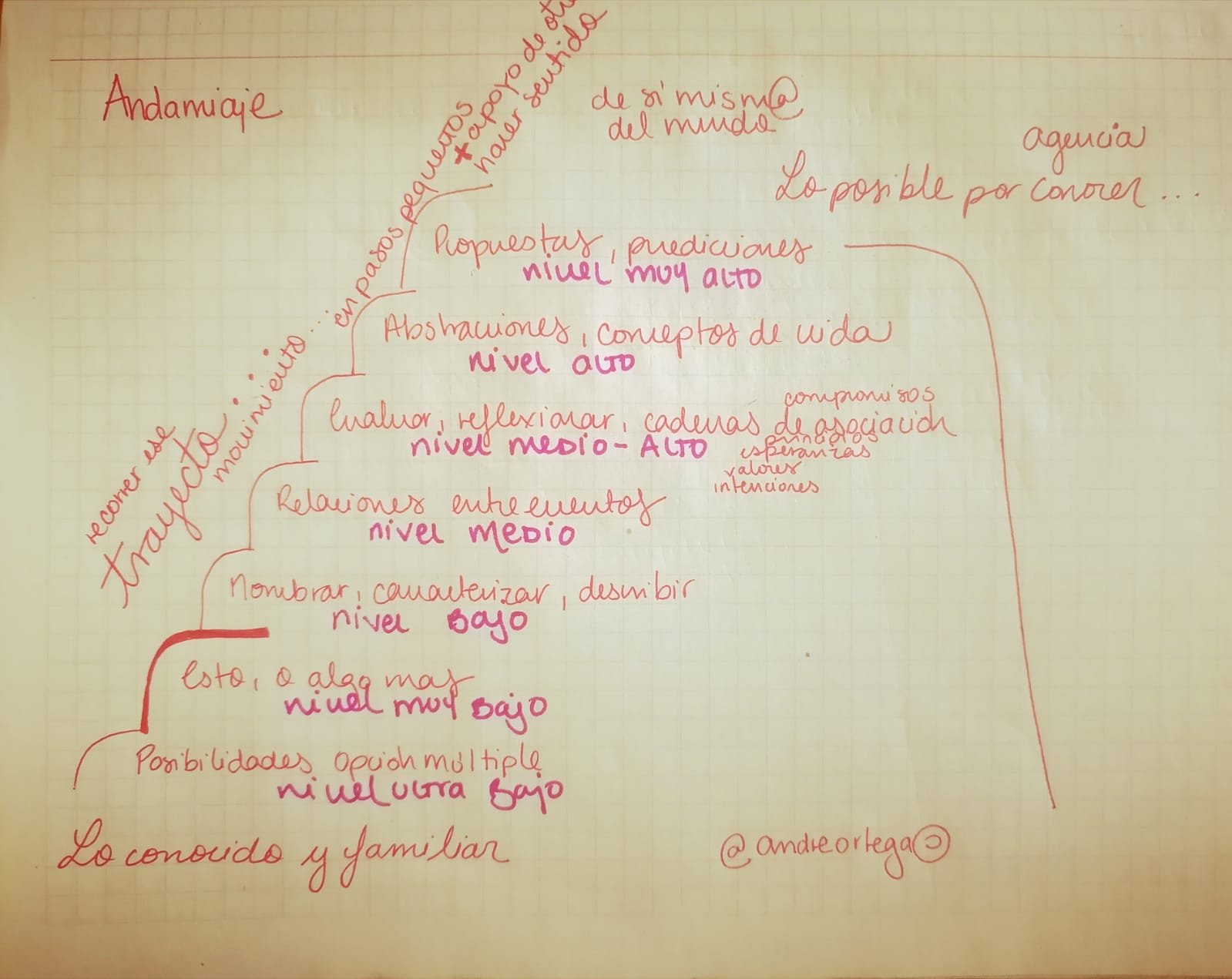 Notas escritas a mano en papel cuadrillé sobre cómo reconocer diferentes niveles de comprensión, desde muy bajo hasta muy alto, con palabras en color rosa y algunas anotaciones adicionales.