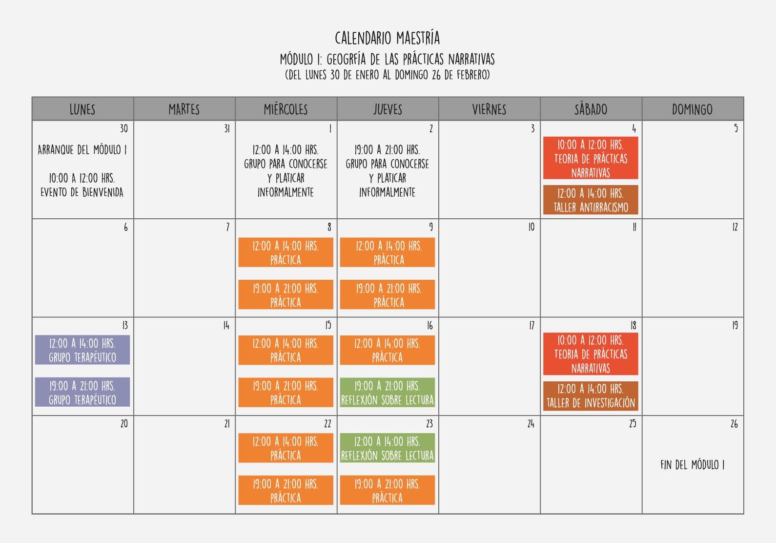 Calendario con varias actividades programadas para un módulo de geografía de prácticas narrativas, incluyendo talleres, prácticas, reflexiones y grupos terapéuticos, en diferentes días y horarios.