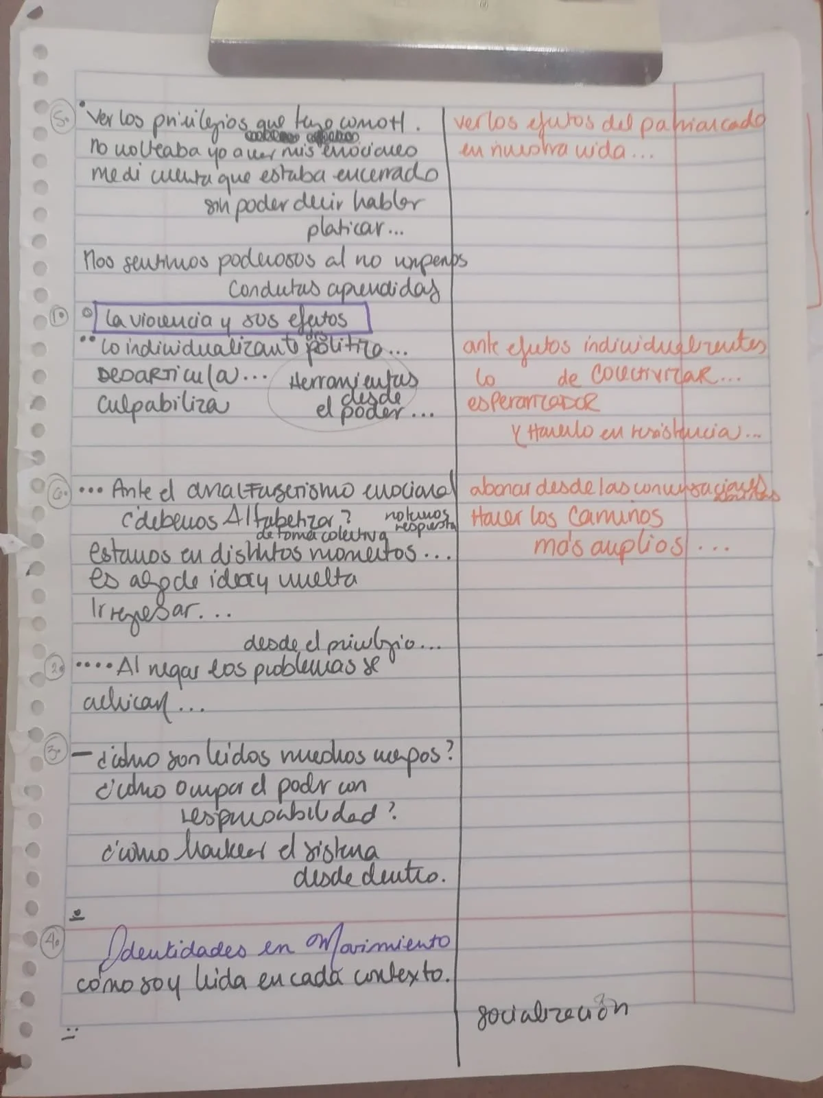 Página de notas escrita en cuaderno con textos en diferentes colores y estilos, incluyendo anotaciones y resúmenes en español sobre temas sociales y culturales.