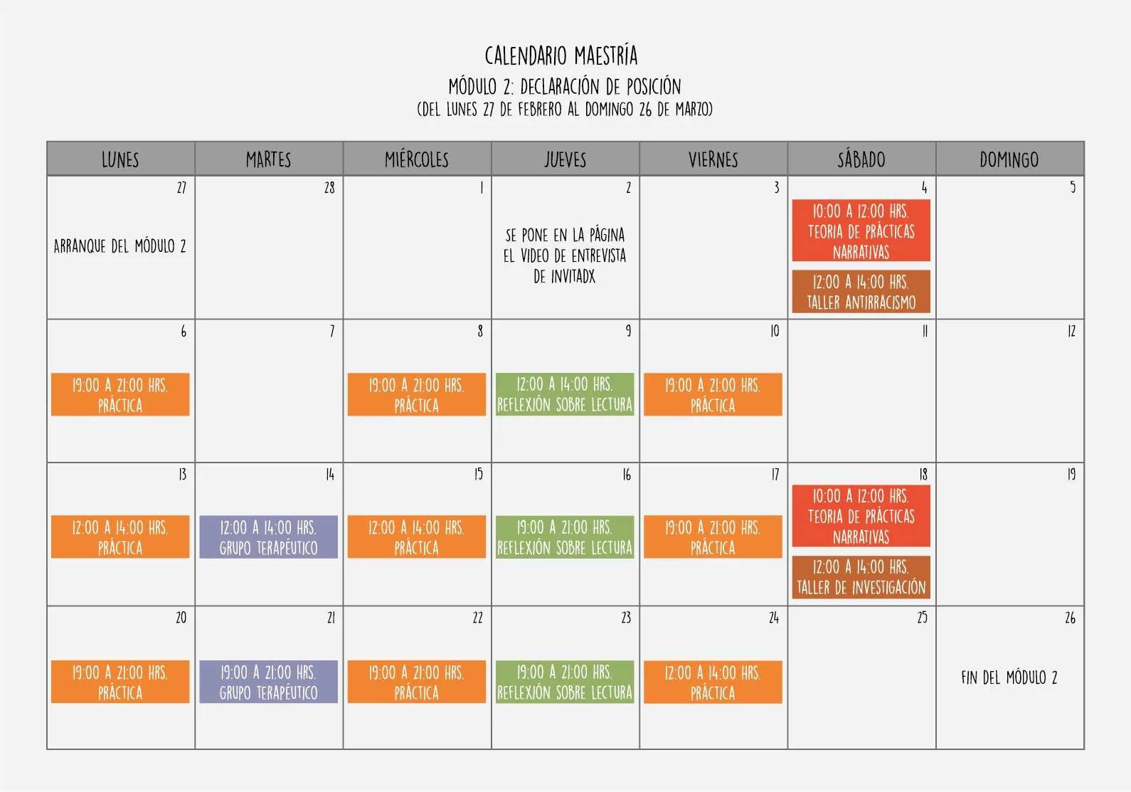 Calendario de maestría con actividades programadas en febrero y marzo, incluyendo prácticas, reflexiones sobre lectura, talleres y teoría de prácticas narrativas.