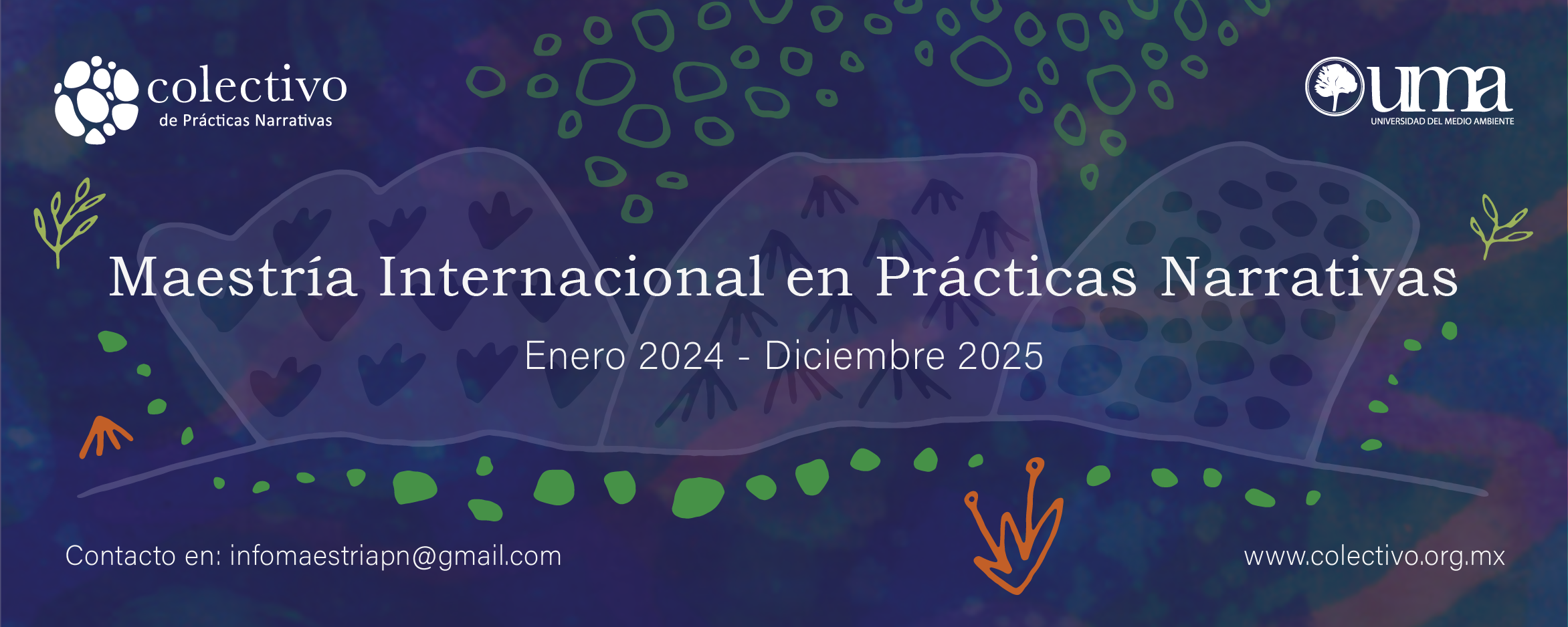 Cartel del programa de la Maestría Internacional en Prácticas Narrativas de enero 2024 a diciembre 2025, organizado por Colectivo de Prácticas Narrativas de la Universidad del Medio Ambiente. Fondo con dibujo de montañas y plantas, logos en la esquin