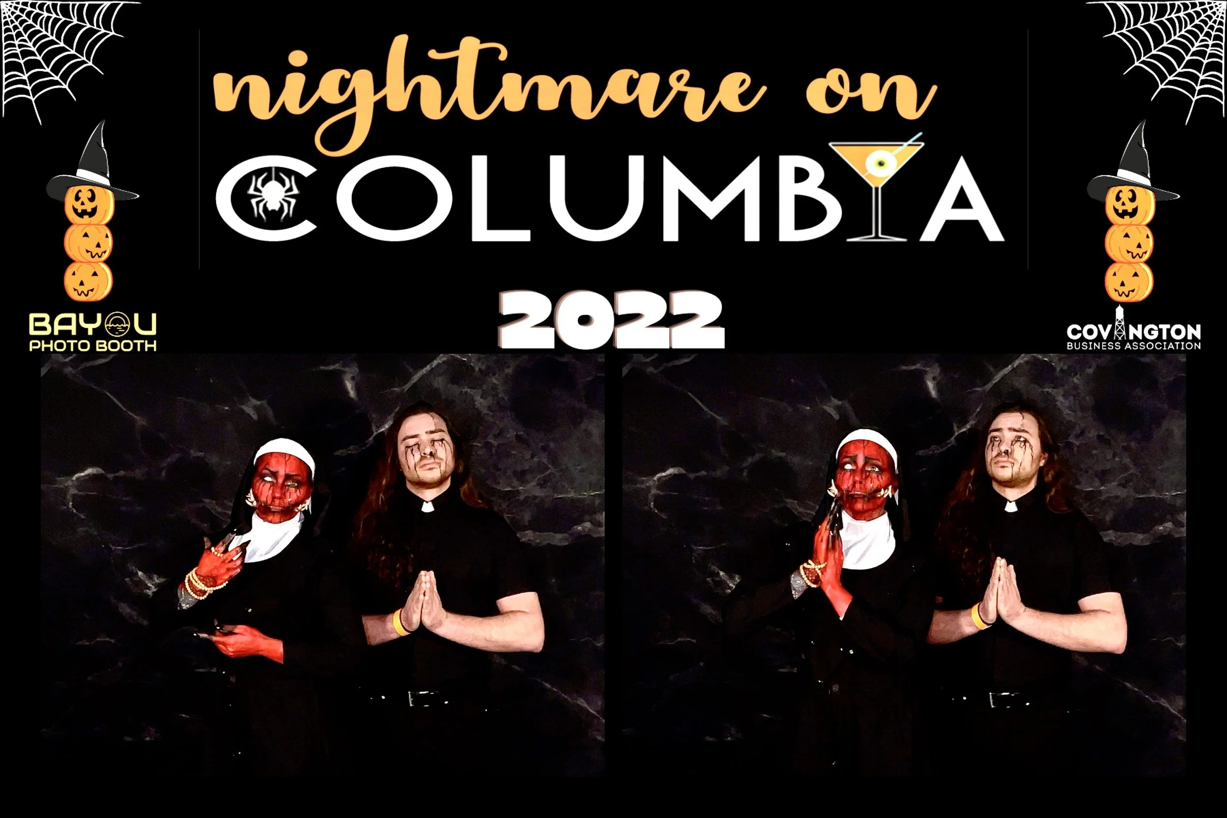 A photo booth picture from the Nightmare on Columbia 2022 event showing two people in Halloween costumes, one with a red face mask and nun's habit, the other dressed as a priest with makeup, posing against a dark background. The top banner has Hallow