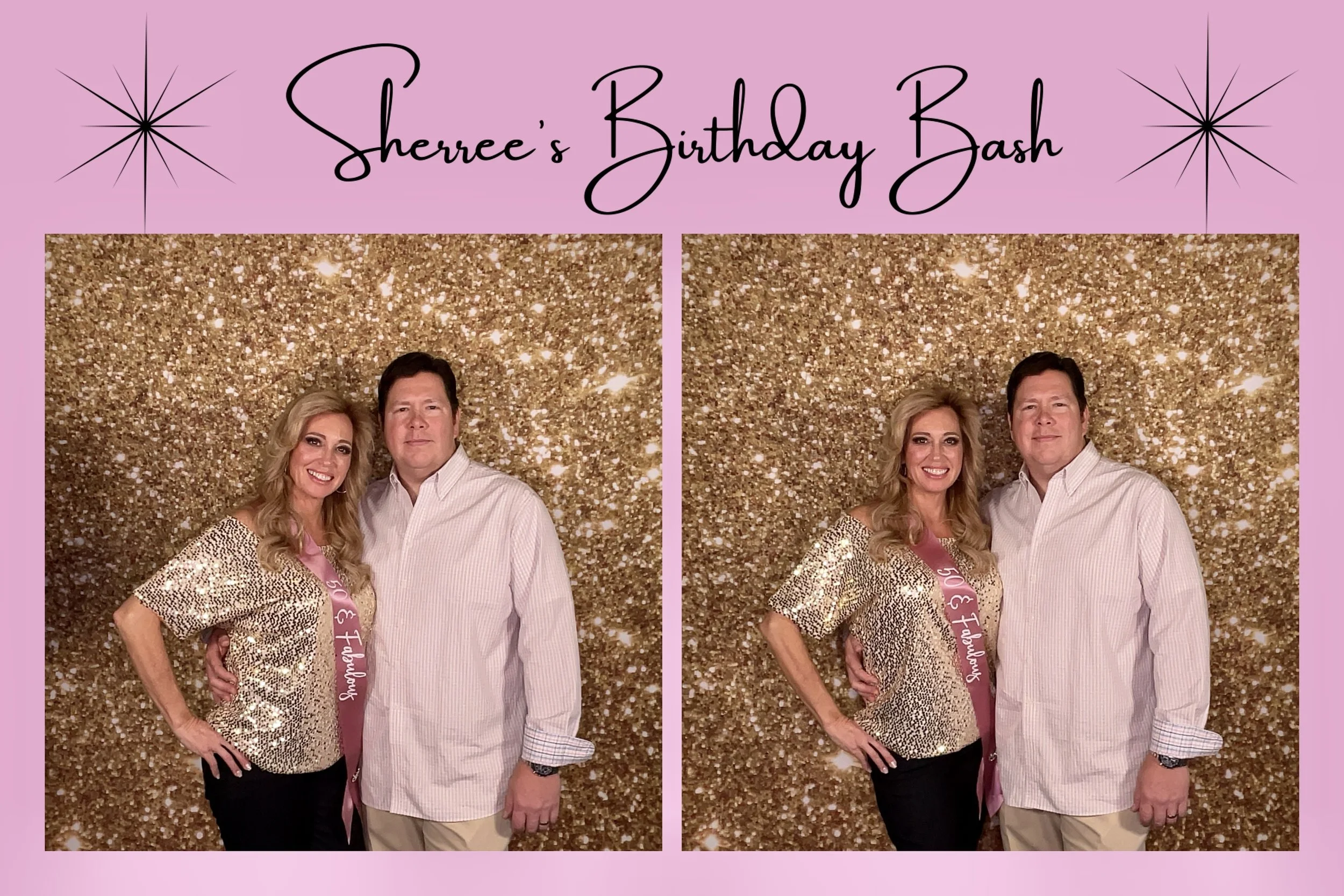 A side-by-side photo booth picture of a woman and a man in front of a gold glitter background. The woman is wearing a gold sequined top and a pink sash, and has long blonde hair. The man is wearing a light pink button-up shirt and beige pants, with s