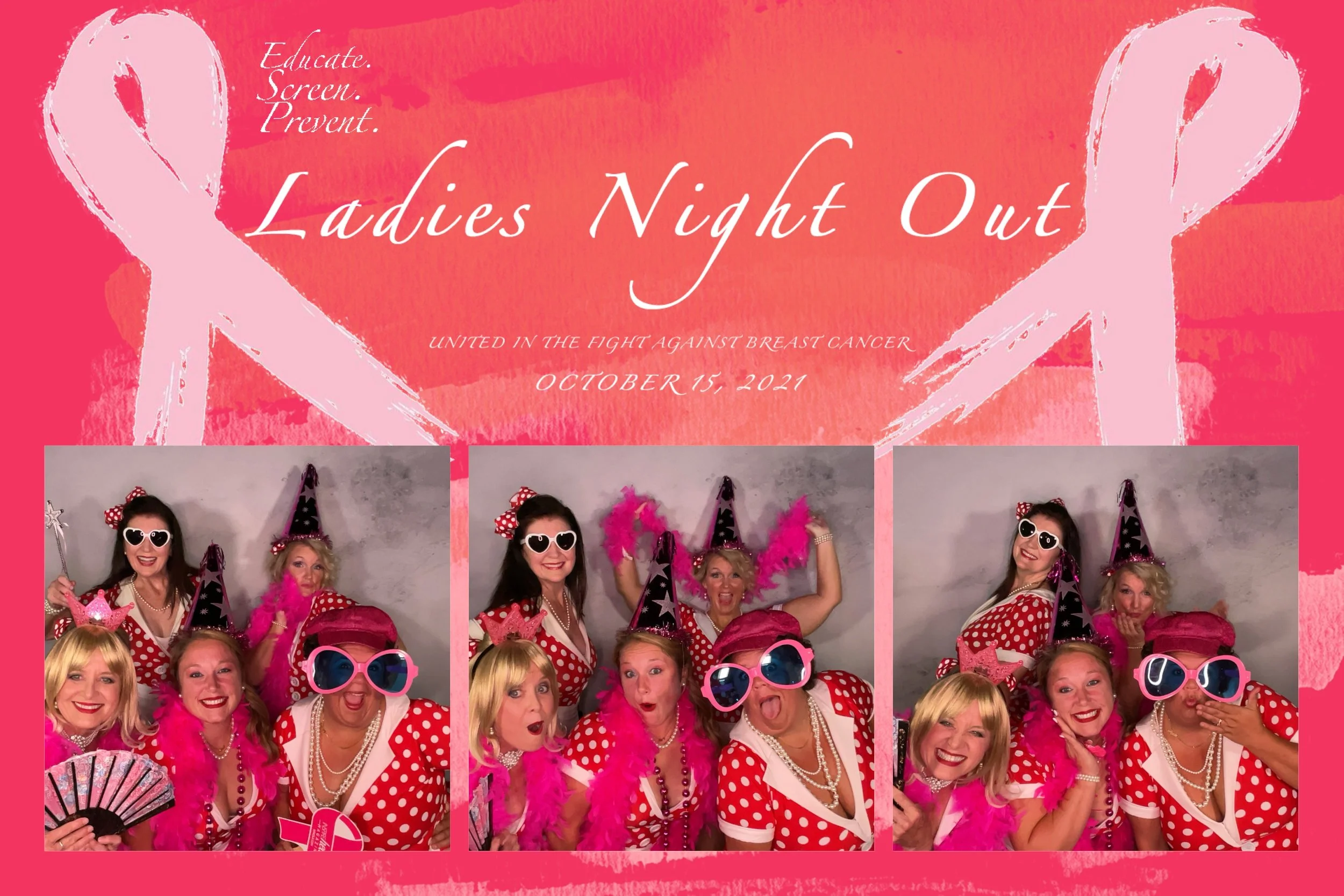 Group of women in polka dot and pink costumes celebrating at a ladies' night out event on October 15, 2021, with props like oversized sunglasses, hats, feather boas, and fans, against a backdrop with a pink breast cancer awareness theme and a pink ri