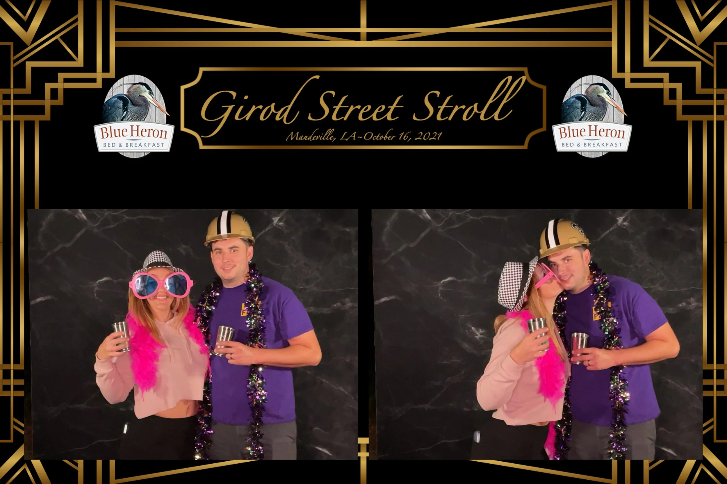 Two photos of a man and woman at a themed event, wearing costumes and Mardi Gras accessories, standing against a black marble background, with the woman kissing the man's cheek in the second photo.