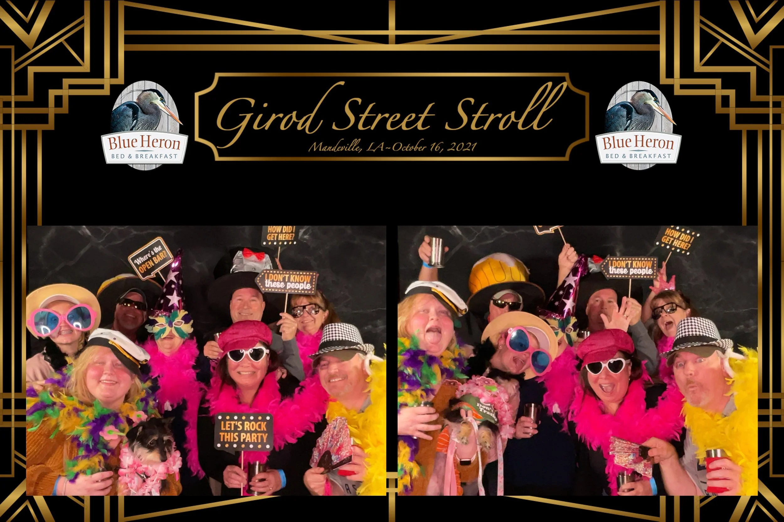 Group of people in colorful costumes and accessories enjoying a party, holding signs with humorous phrases, and posing for photos at an event called Girod Street Stroll in Mandeville, LA, October 16, 2021.