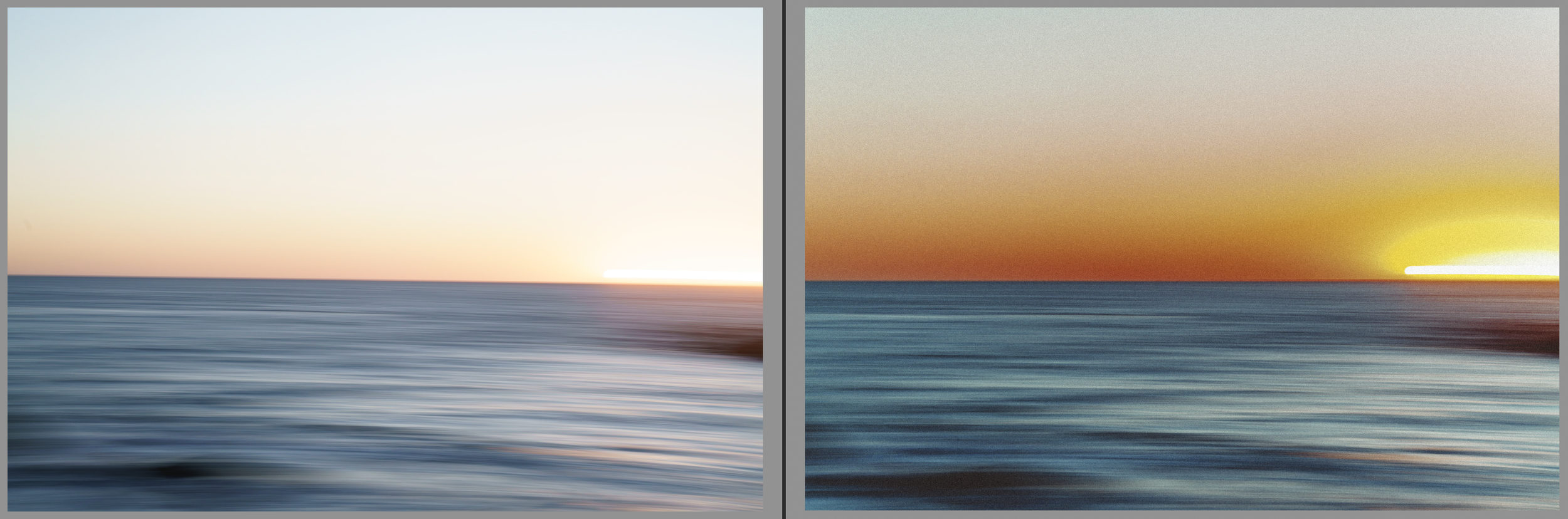 The sun appears as a bolt of lighting, blindingly bright cutting across a blurry blue sea. The horizon is deep hue of orange.