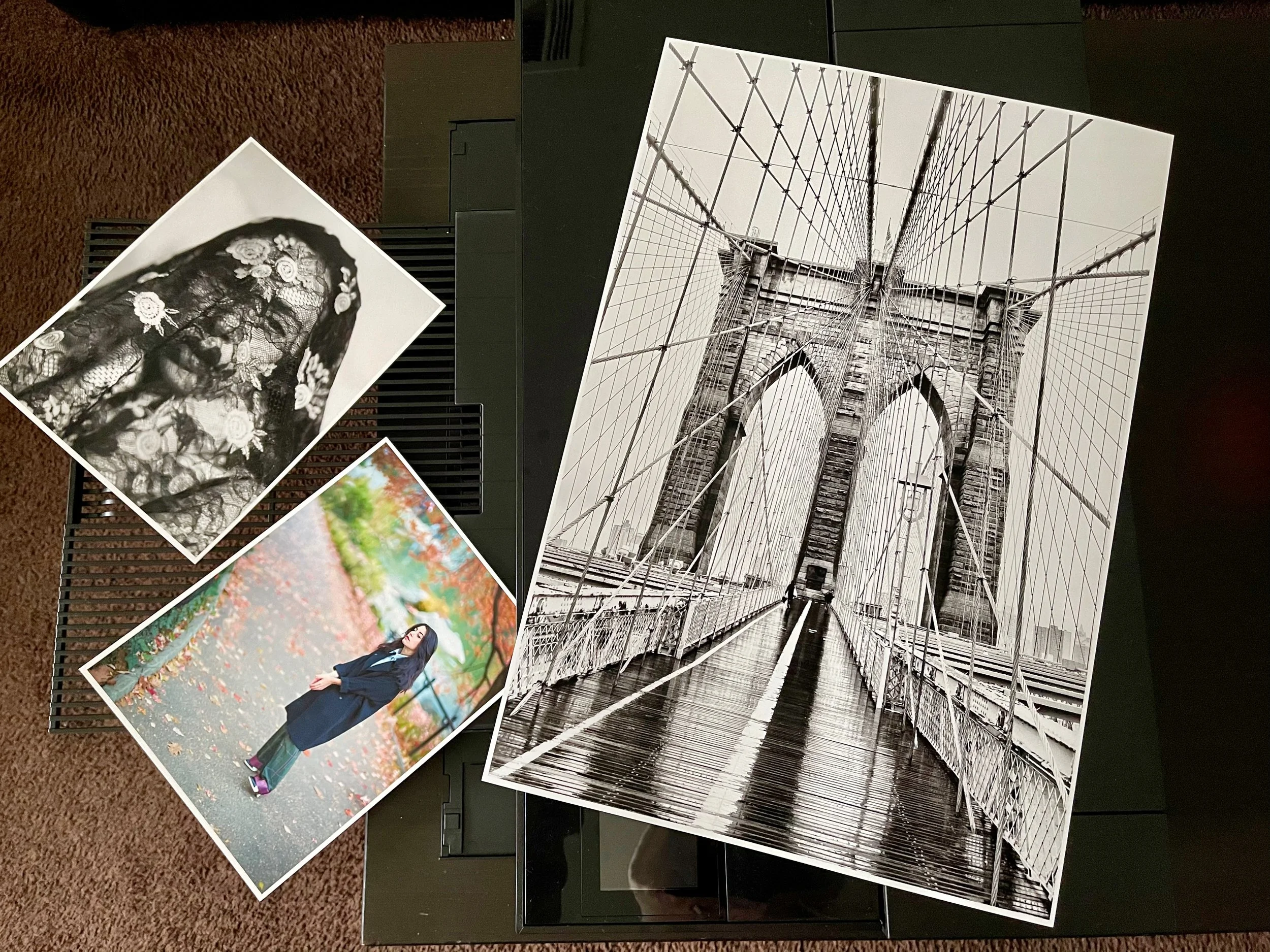Early print samples from an Epson P900 featuring the Brooklyn Bridge, singer Elisa Coia in Central Park, and actress Bia Lipinski in Vasquez Rocks.
