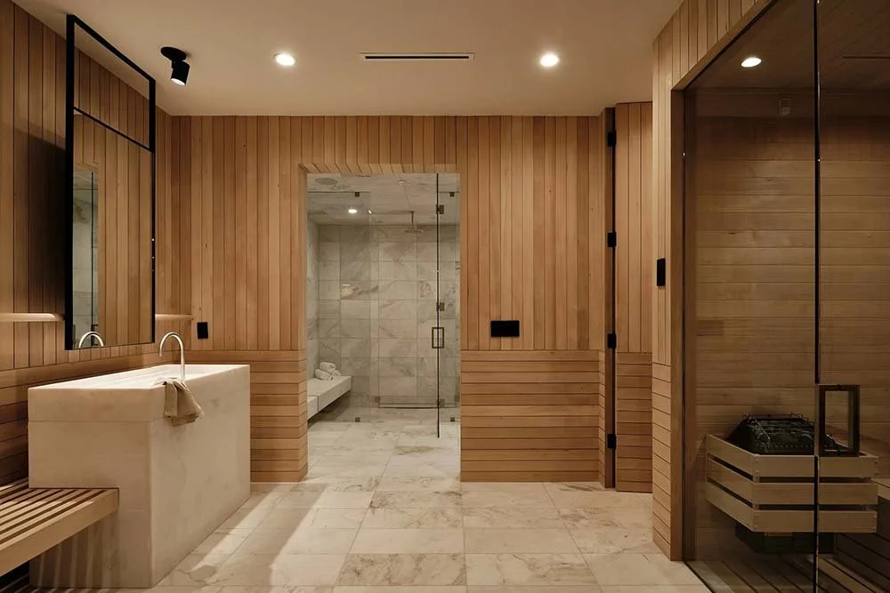 Sauna and bath in a luxury coastal home designed by Pacific Palisades architects.