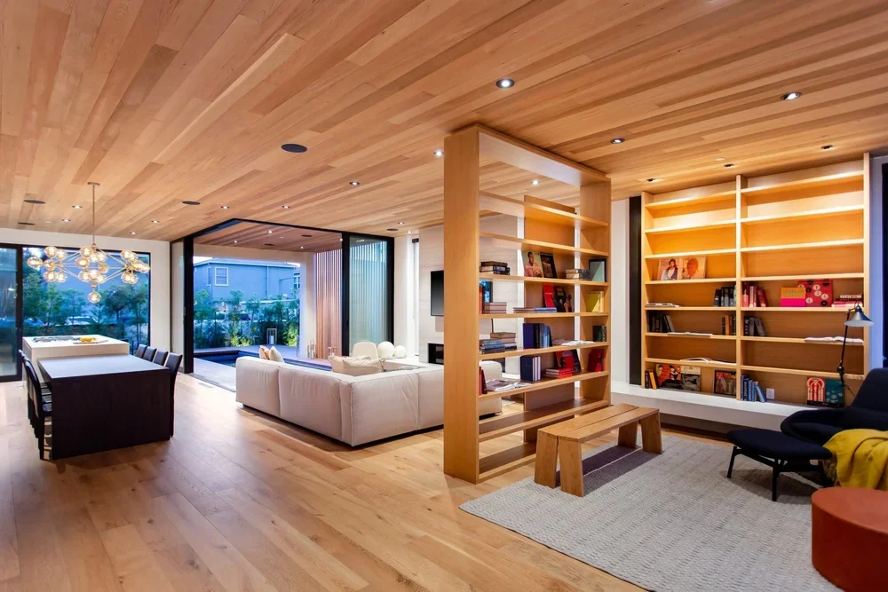 Large open interior of a Southern California coastal luxury home.