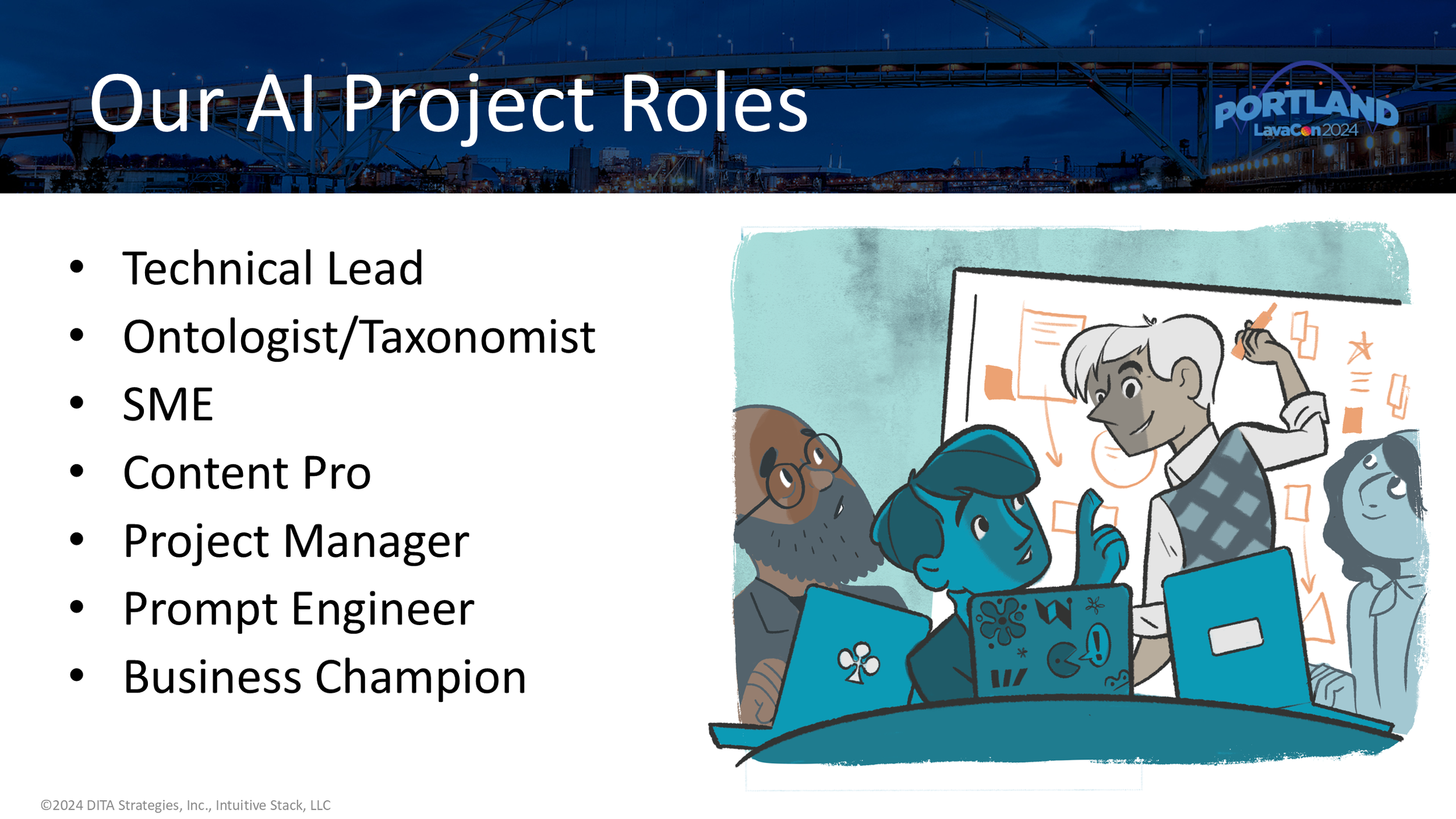 Slide 6: Our AI Project Roles: Technical Lead; Ontologist/Taxonomist; SME; Content Professional; Project Manager; Prompt Engineer; Business Champion