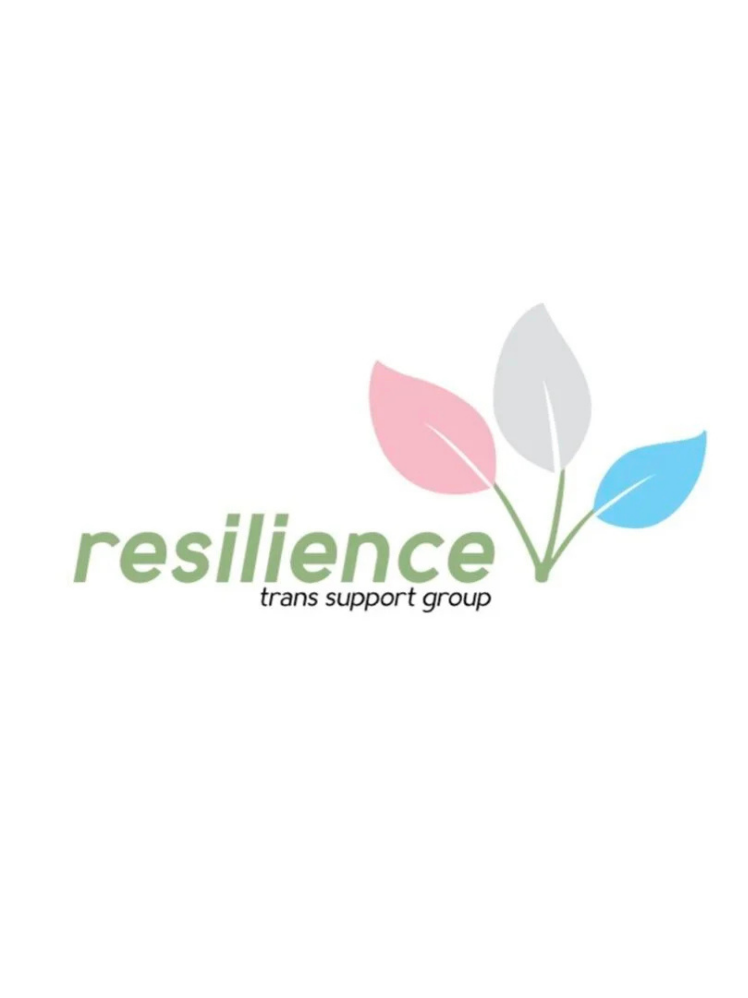 Logo for Resilience Trans Support Group featuring three pastel-colored leaves and the word "resilience" in green, with a tagline underneath.