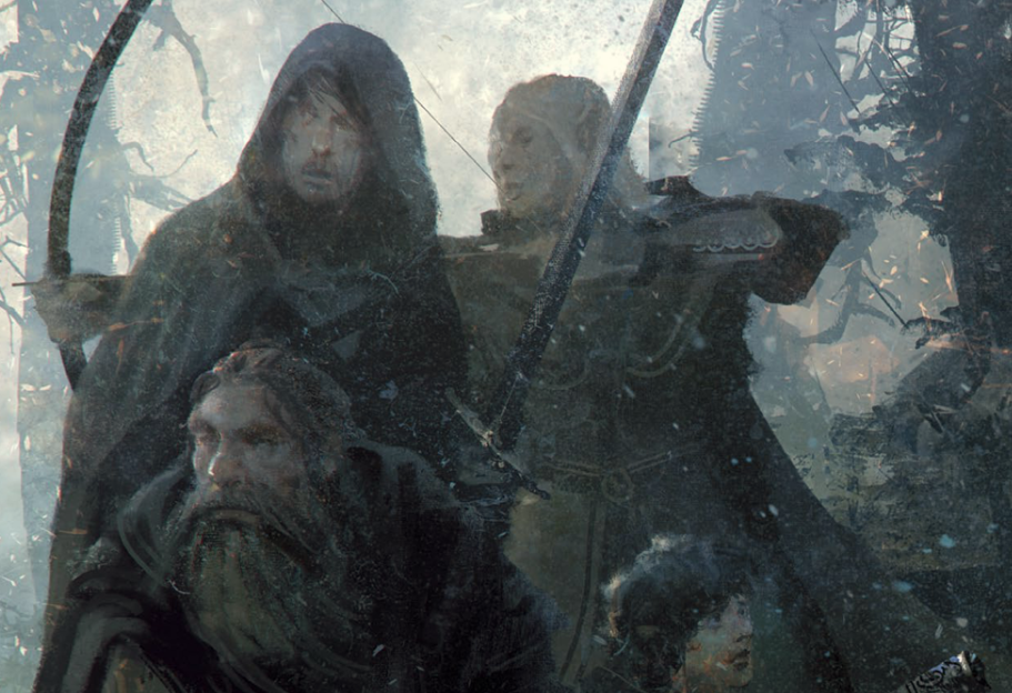 A group of adventurers draws their weapons from The One Ring RPG 2nd Edition Rulebook