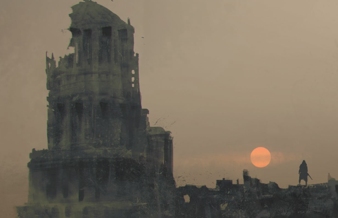 A hero looks into the sunset from The One Ring RPG 2nd Edition Rulebook