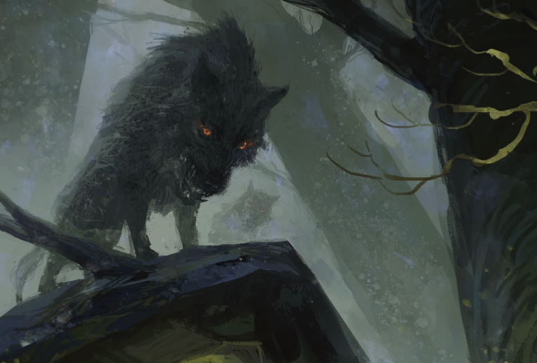 A mean looking wolf looks for its next meal from The One Ring RPG 2nd Edition Shire Sourcebook