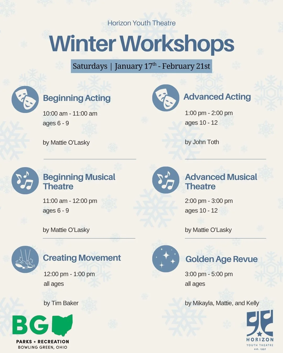 It's that time of year again! Horizon Youth Theatre will be starting off the new year with a collection of Winter Workshops! 

You can sign up on our website from now until January 17th. Reserve your spot today! Price and age restrictions listed out 