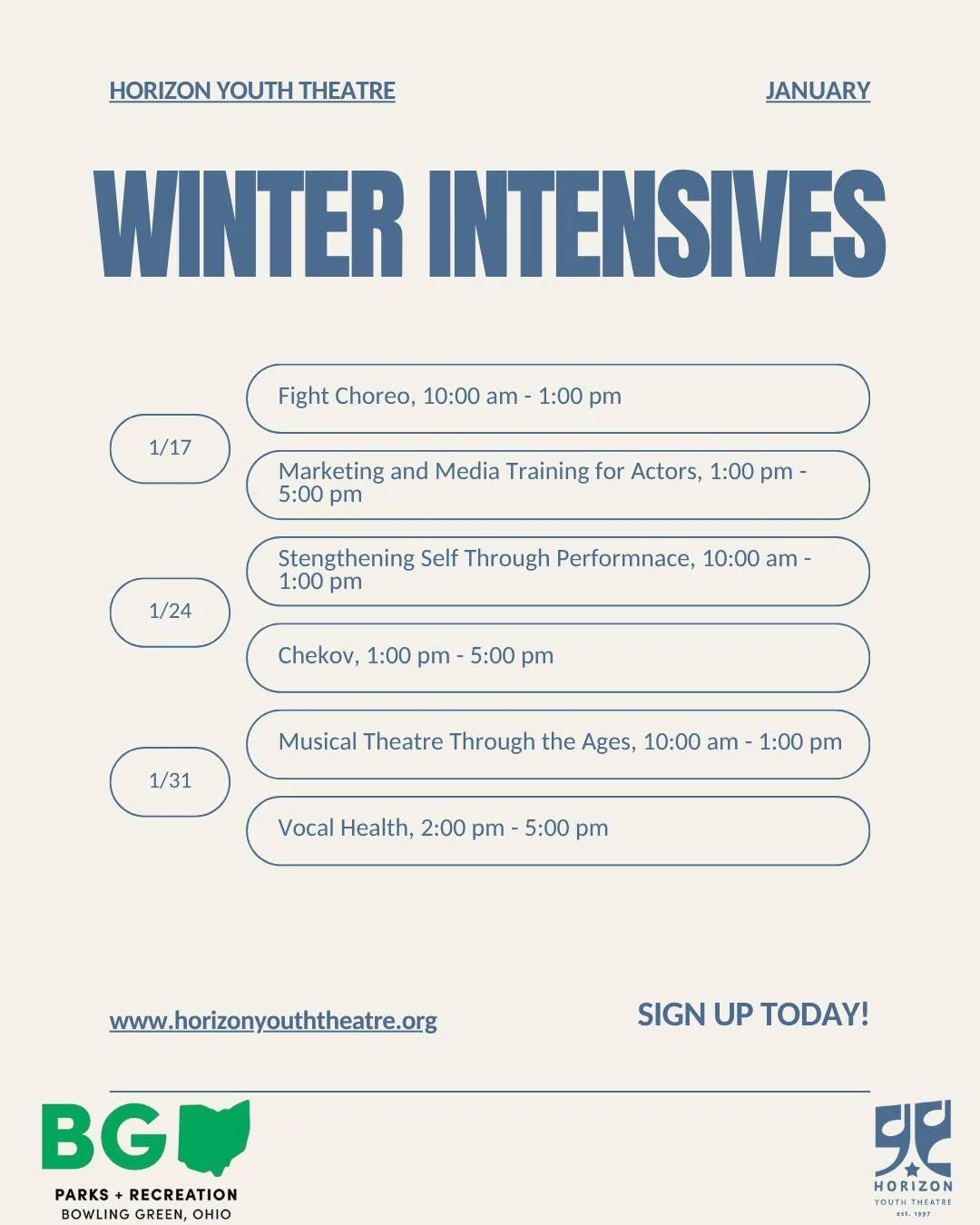 Brand new opportunity coming to Horizon Youth Theatre this winter! 

Along with our weekly Winter Workshops, we will also be offering one-day intensives where students will have the chance to explore in depth more advance theatre techniques and build