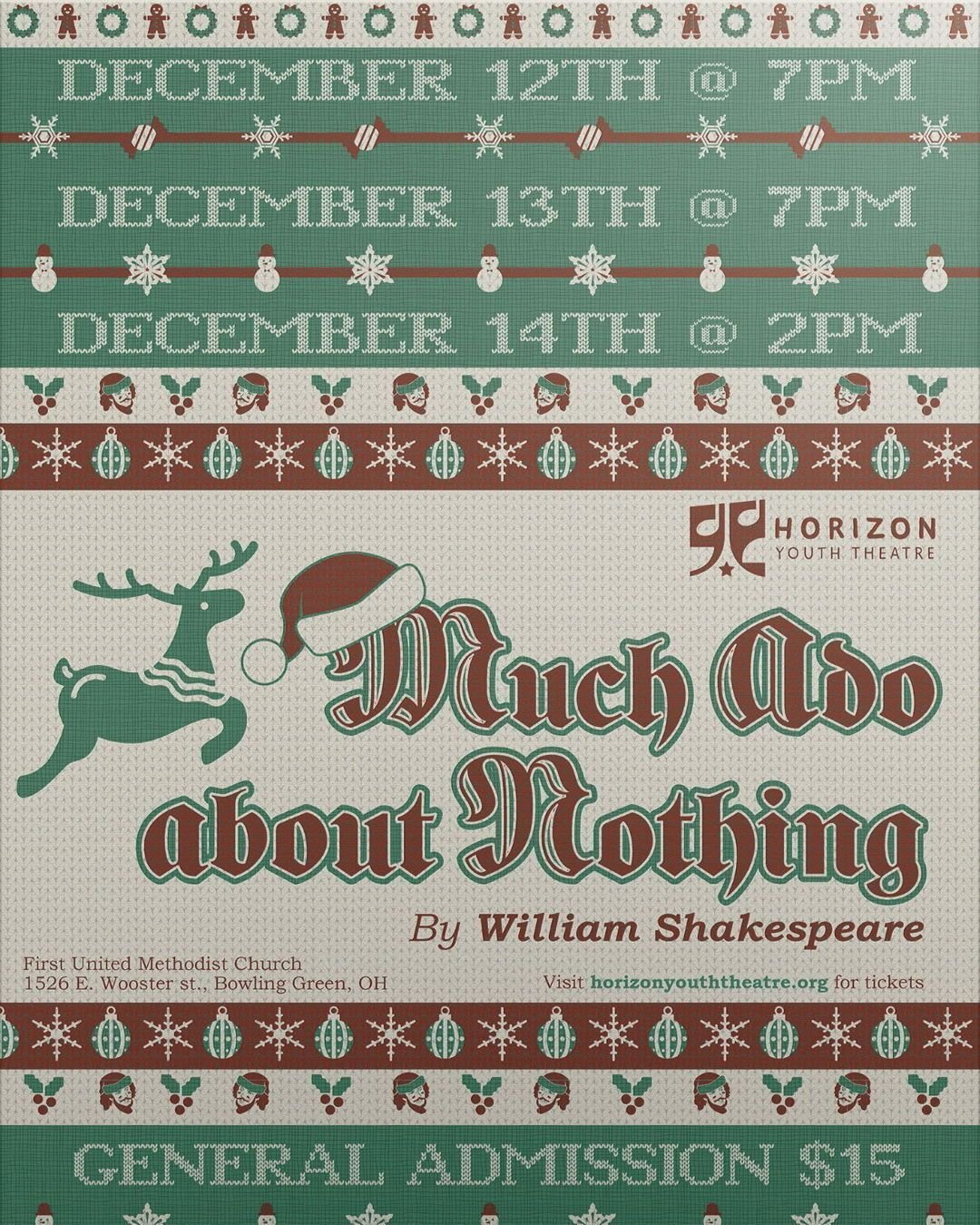 Tickets are on sale now for our upcoming Elsewhere production of Shakespeare's Much Ado About Nothing!  Secure your seats today! 

This show will be performed at First United Methodist Church in Bowling Green, OH. 
Friday, December 12 @ 7 PM
Saturday