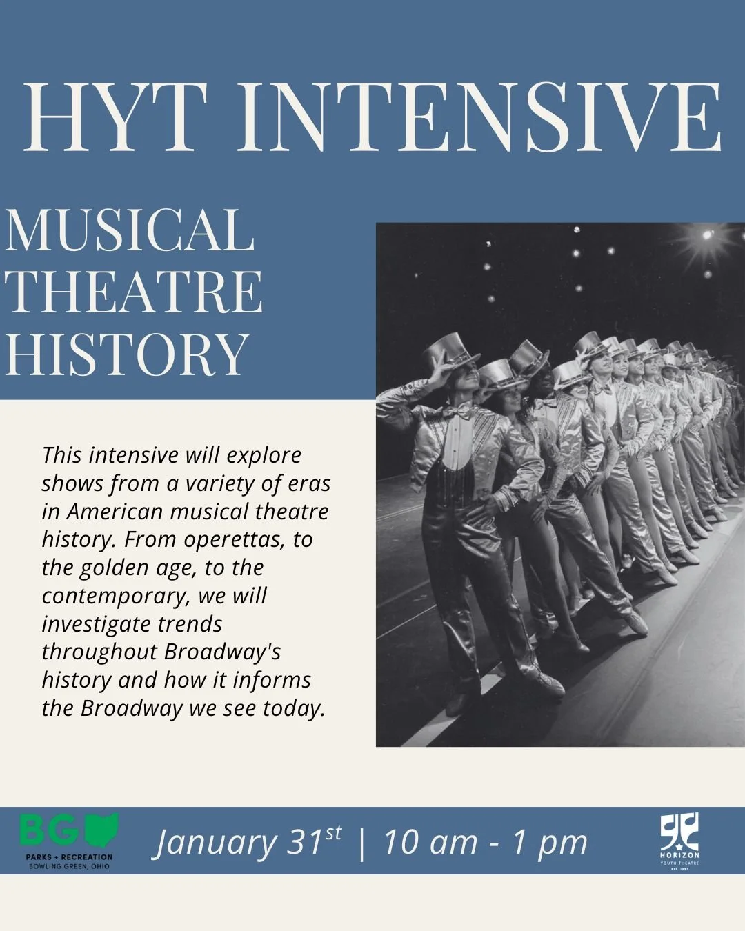 Take a look at the Intensives scheduled for January in 2026! All theatre kids should be excited for our informative, "Musical Theatre History" intensive!

This intensive will explore shows from a variety of eras in American musical theatre 