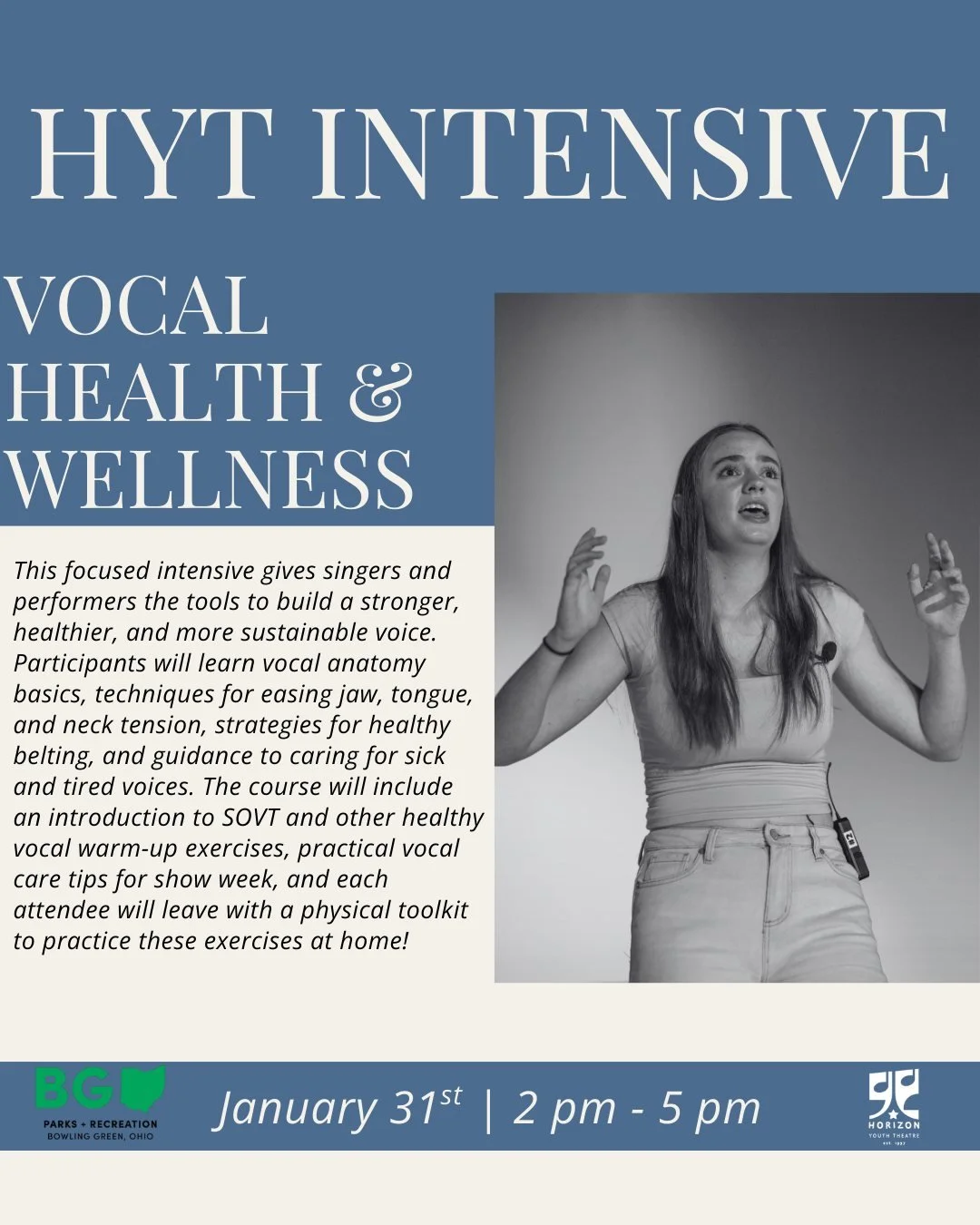 Take a look at the Intensives scheduled for January in 2026! Every aspiring musical theatre performer can benefit from this "Vocal Health and Wellness" Intensive!

This focused intensive gives singers and performers the tools to build a str