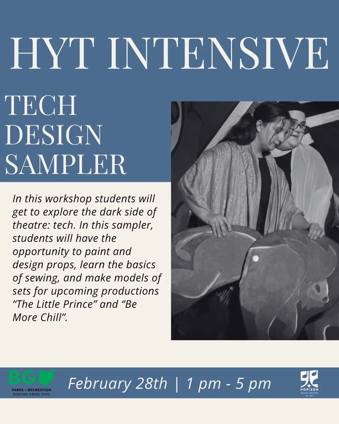 Have you considered trying your hand at the back stage elements of theatre? Well dip your toe into tech with this February's Tech Design Sampler! 

In this workshop student will get to explore the dark side of theatre: tech. In this sampler, students
