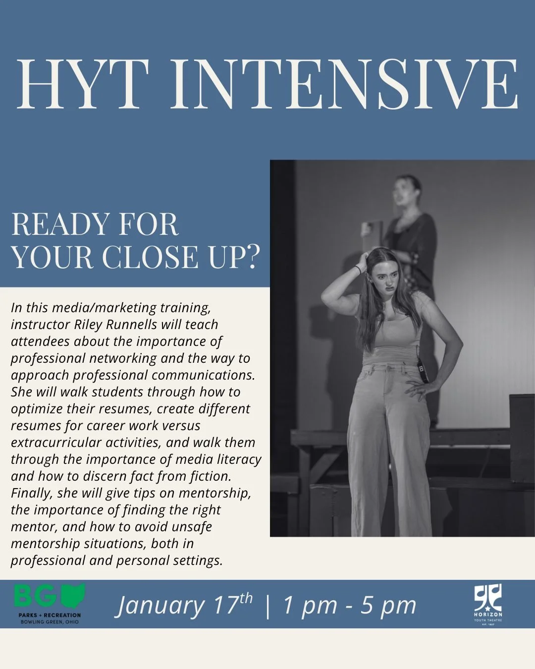 We are starting off our January Intensives strong with some theatre-based media training in "Ready For Your Close Up?"

The instructor for this workshop is Riley Runnells.

Riley Runnells is a media professional with expertise in editorial,