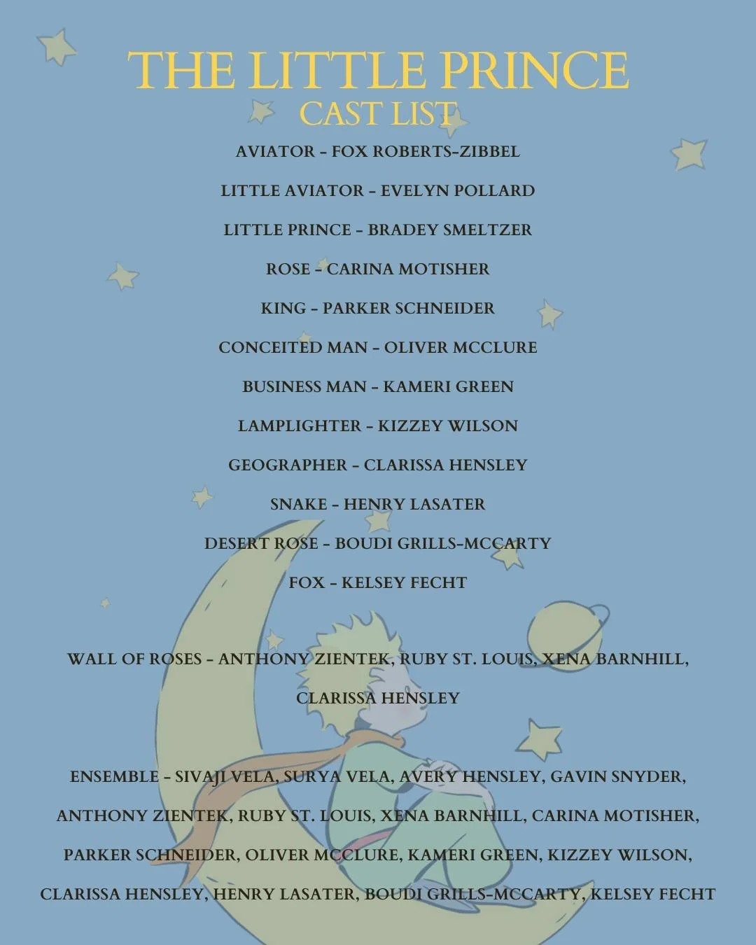 Congratulations to the cast of The Little Prince! 🤴 🦊 🌙 ⭐️ 

Mark your calendars! This cast of talented students will be taking the stage March 6th - 8th at Grand Rapids Town Hall in Grand Rapids, OH! Ticket info will be coming soon! 

#theatre #y