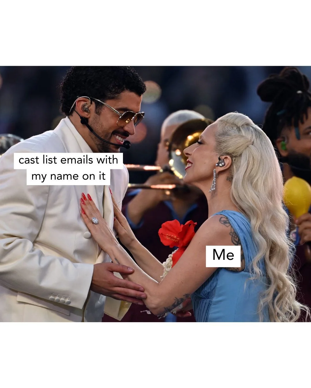 In honor of last weekend's Super Bowl halftime show, please enjoy these Bad Bunny/Lady Gaga theatre memes #superbowl #badbunny #ladygaga #halftimeshow #theatrememes #musicaltheatre #theatrekid